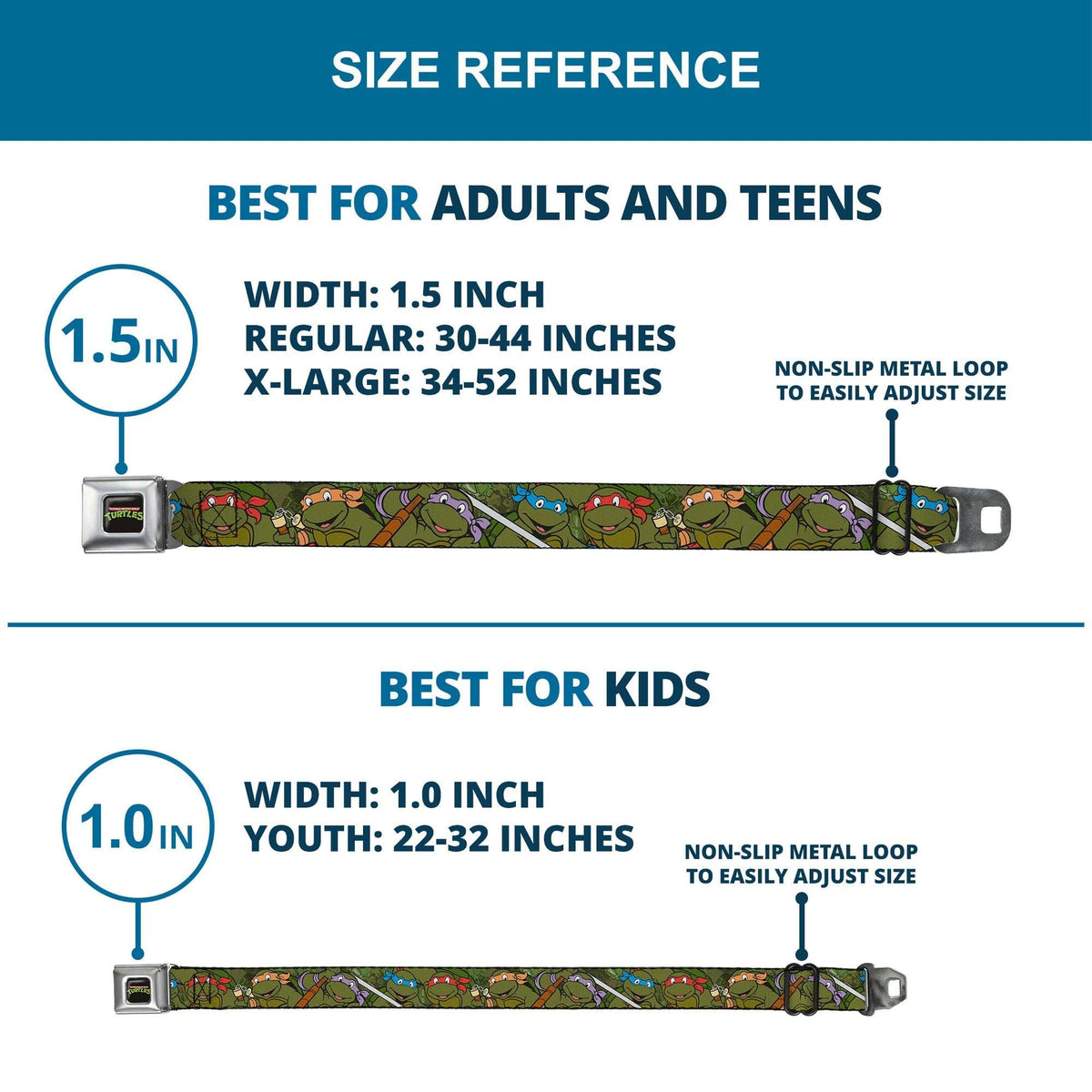 Classic TMNT Logo Full Color Seatbelt Belt - Classic Teenage Mutant Ninja Turtles Group Pose CLOSE-UP Camo Turtle Shell Webbing