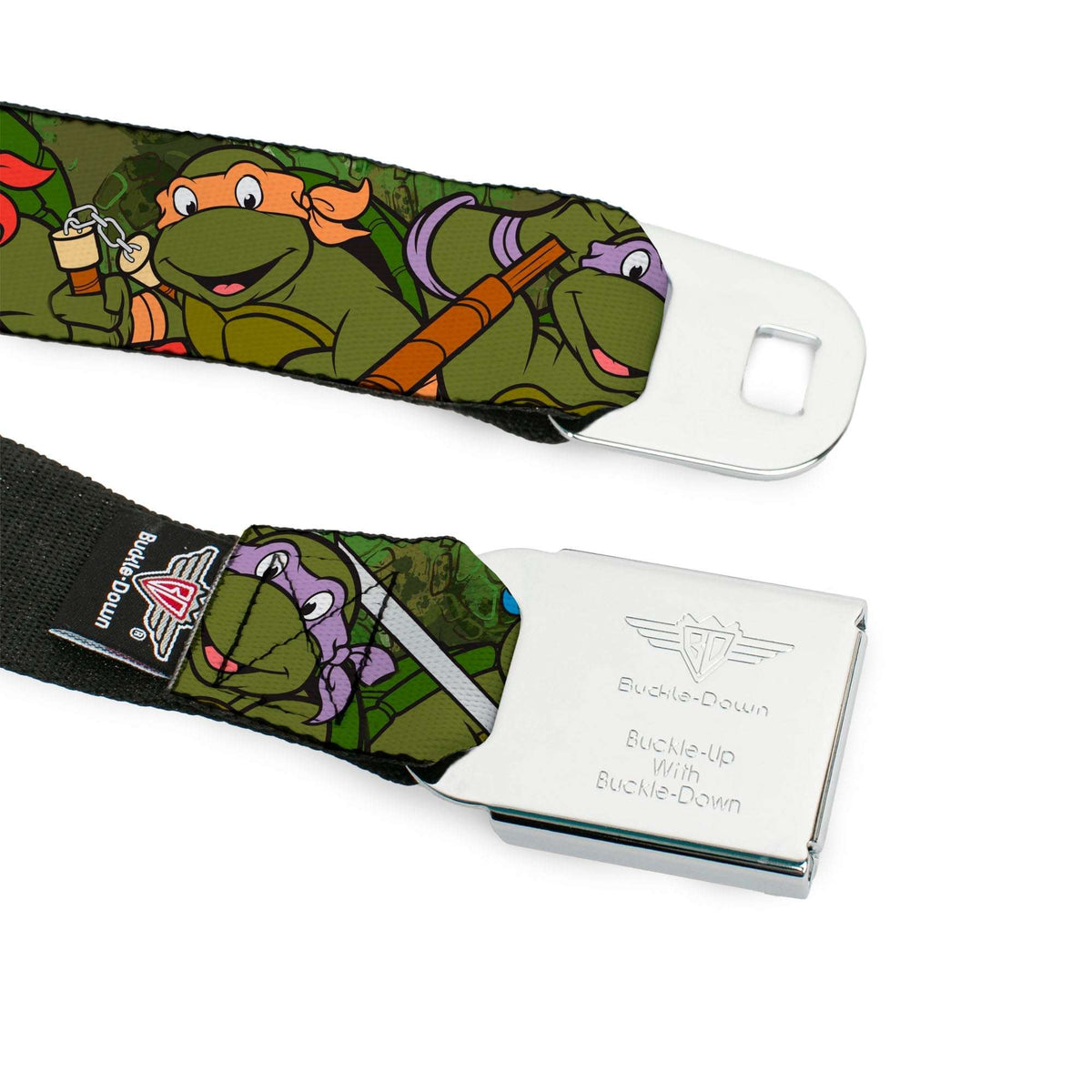 Classic TMNT Logo Full Color Seatbelt Belt - Classic Teenage Mutant Ninja Turtles Group Pose CLOSE-UP Camo Turtle Shell Webbing