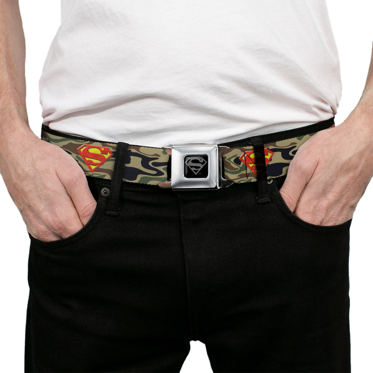 Superman Black Silver Seatbelt Belt - Superman Shield Camo Olive Webbing