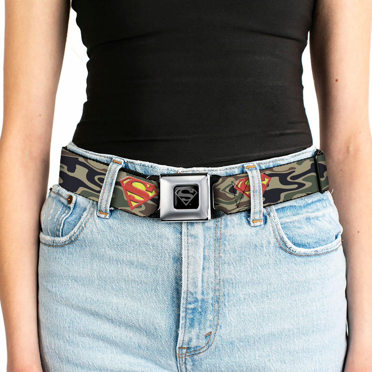 Superman Black Silver Seatbelt Belt - Superman Shield Camo Olive Webbing