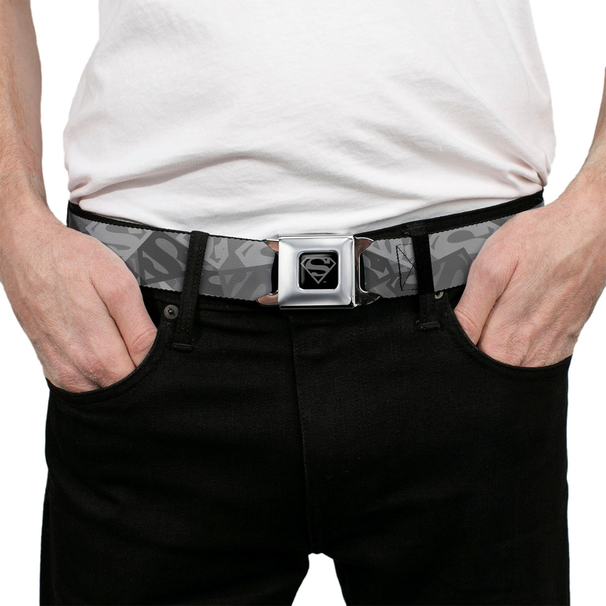 Superman Black Silver Seatbelt Belt - Superman Shield Camouflage Grays Webbing