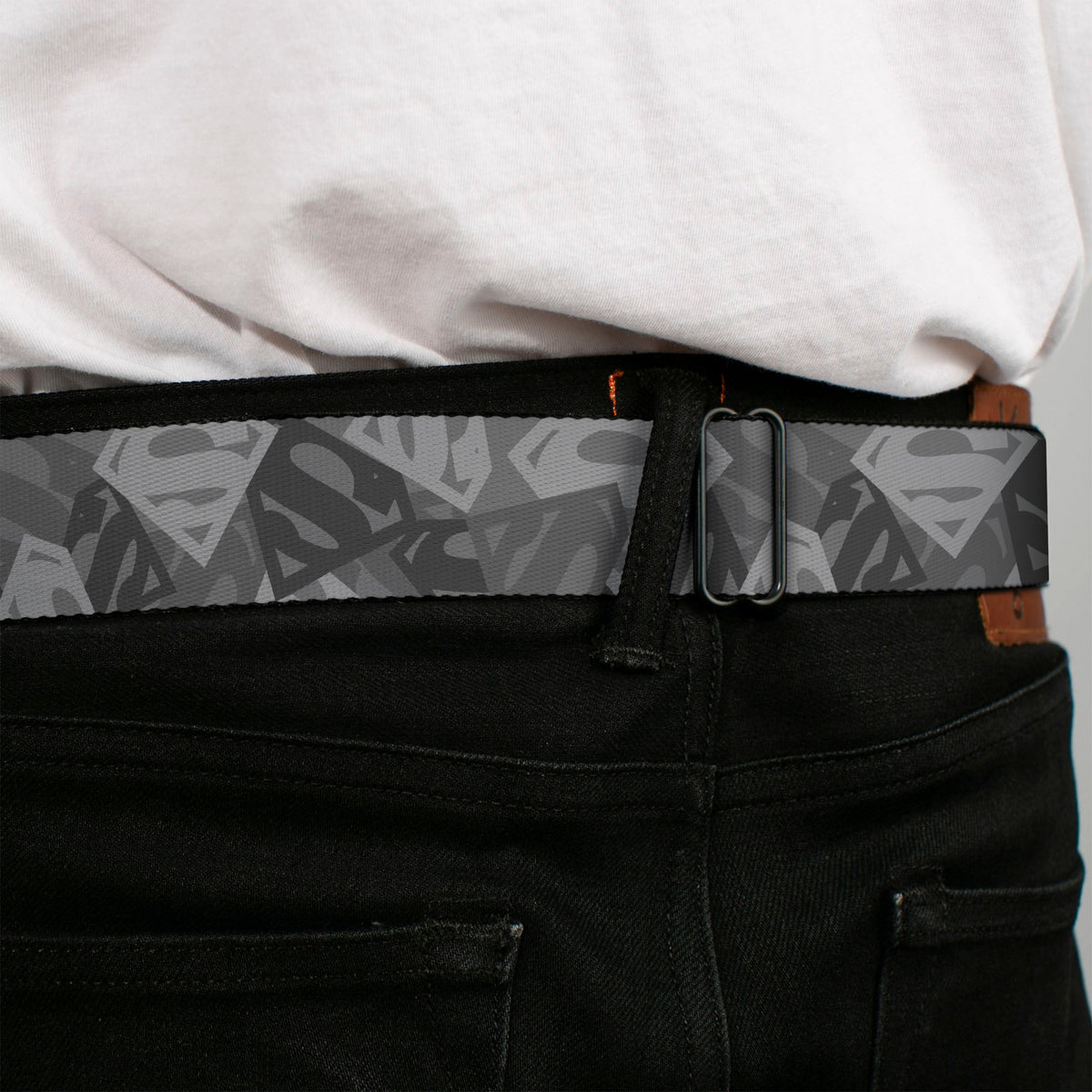 Superman Black Silver Seatbelt Belt - Superman Shield Camouflage Grays Webbing