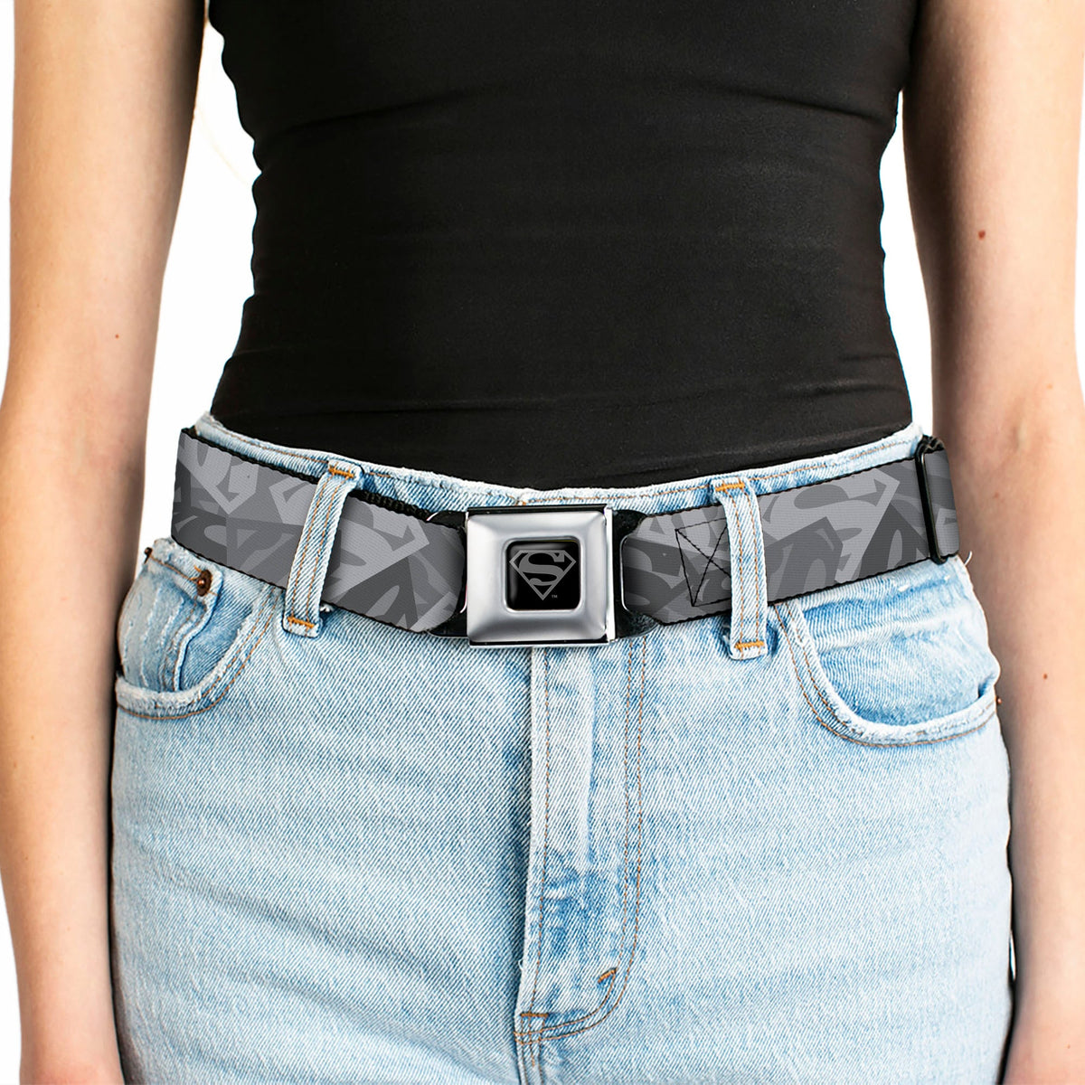 Superman Black Silver Seatbelt Belt - Superman Shield Camouflage Grays Webbing