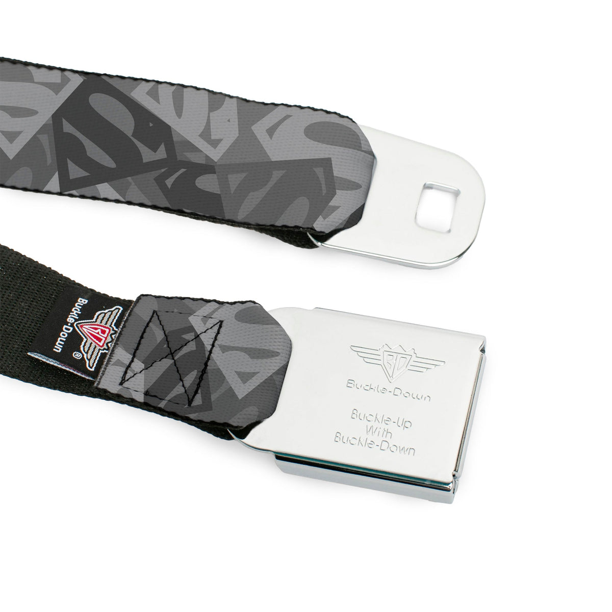 Superman Black Silver Seatbelt Belt - Superman Shield Camouflage Grays Webbing