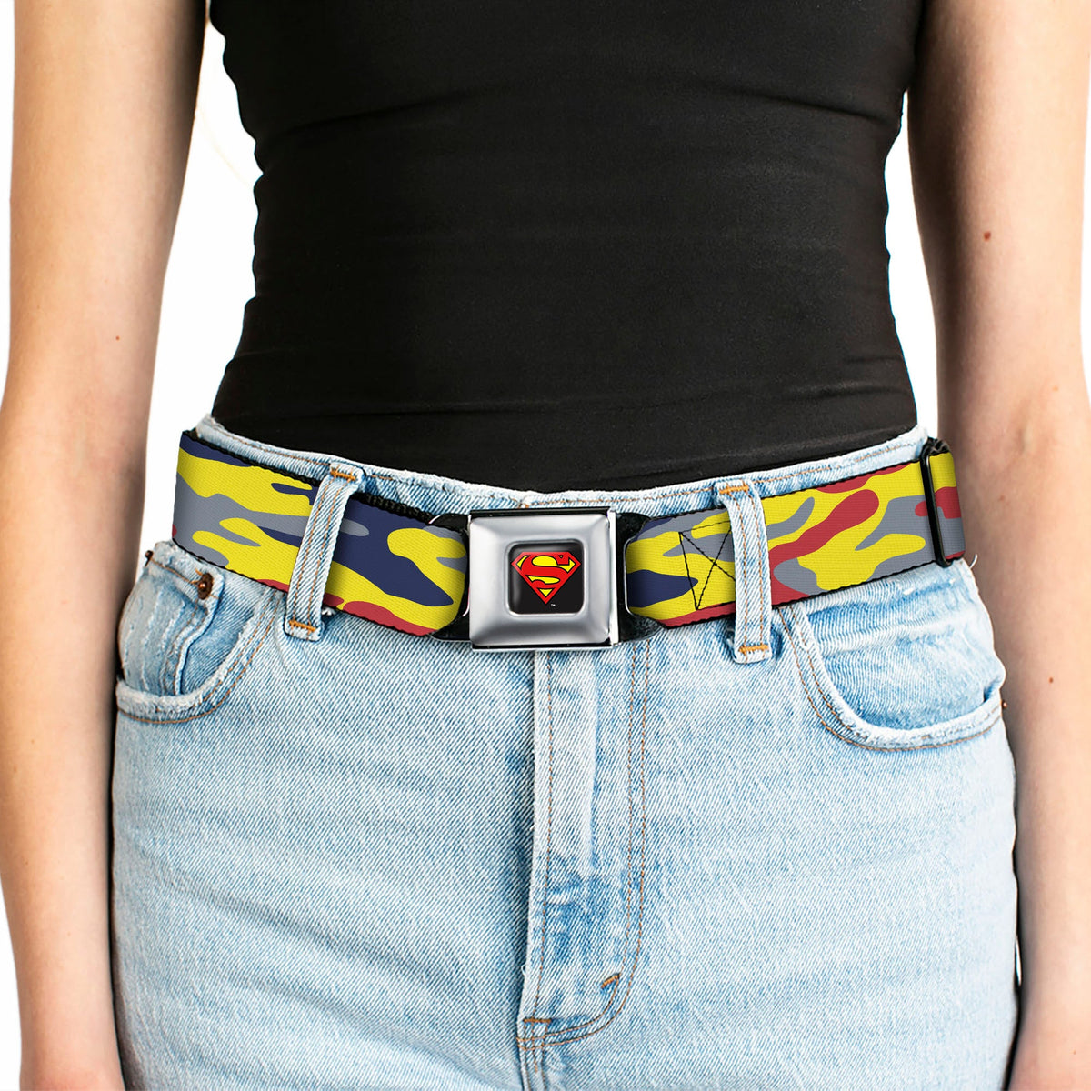 Superman Shadow Shield Full Color Black/Red/Yellow Seatbelt Belt - Superman Camo Yellow/Red/Blue/Gray Webbing