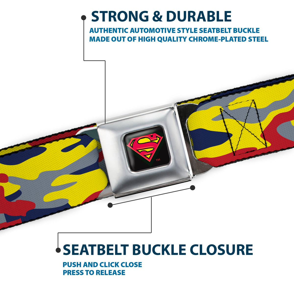 Superman Shadow Shield Full Color Black/Red/Yellow Seatbelt Belt - Superman Camo Yellow/Red/Blue/Gray Webbing