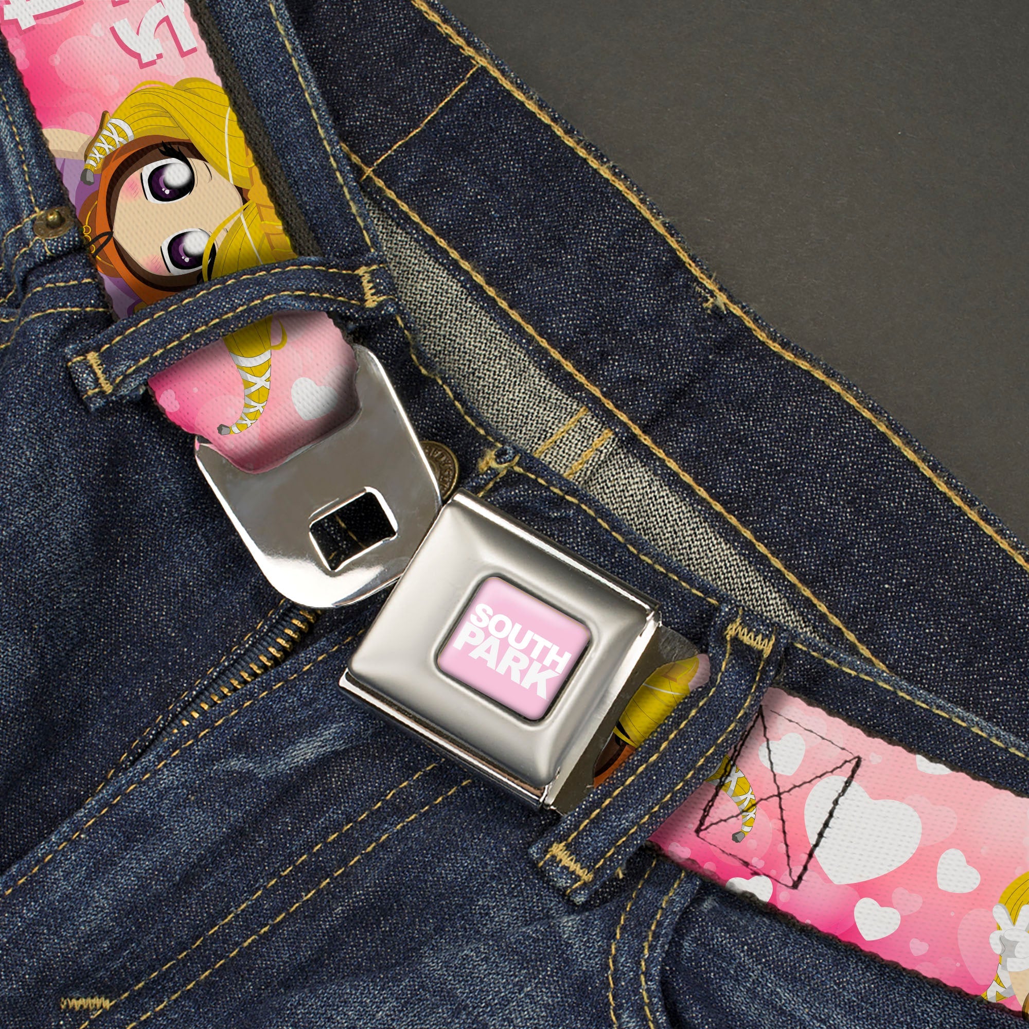 SOUTH PARK Title Logo Full Color Pink/White Seatbelt Belt - South Park PRINCESS KENNY Poses and Text Pinks/White Webbing