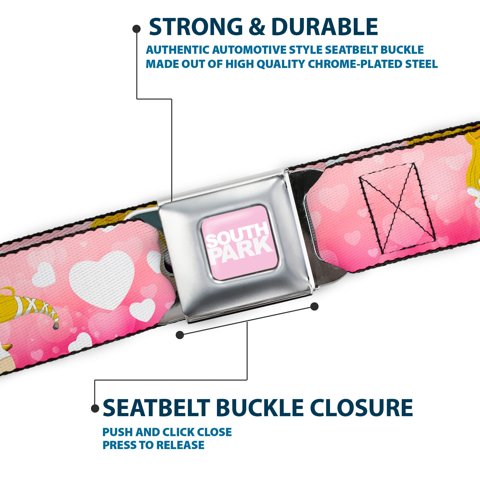 SOUTH PARK Title Logo Full Color Pink/White Seatbelt Belt - South Park PRINCESS KENNY Poses and Text Pinks/White Webbing