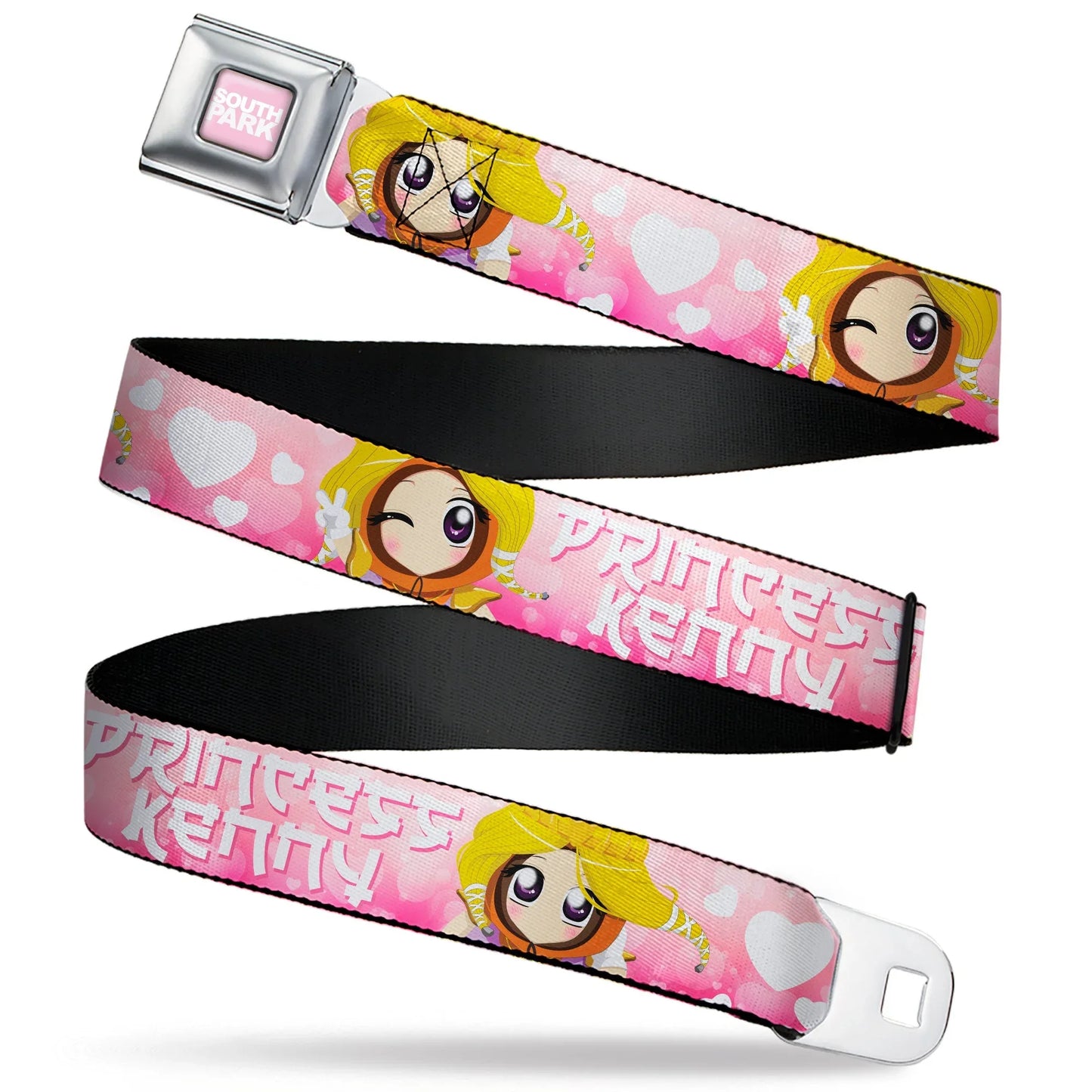 SOUTH PARK Title Logo Full Color Pink/White Seatbelt Belt - South Park PRINCESS KENNY Poses and Text Pinks/White Webbing