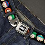 SOUTH PARK Title Logo Full Color Black/White Seatbelt Belt - South Park Boys Face Repeat Black Webbing - Buckle-Down - Flyclothing LLC