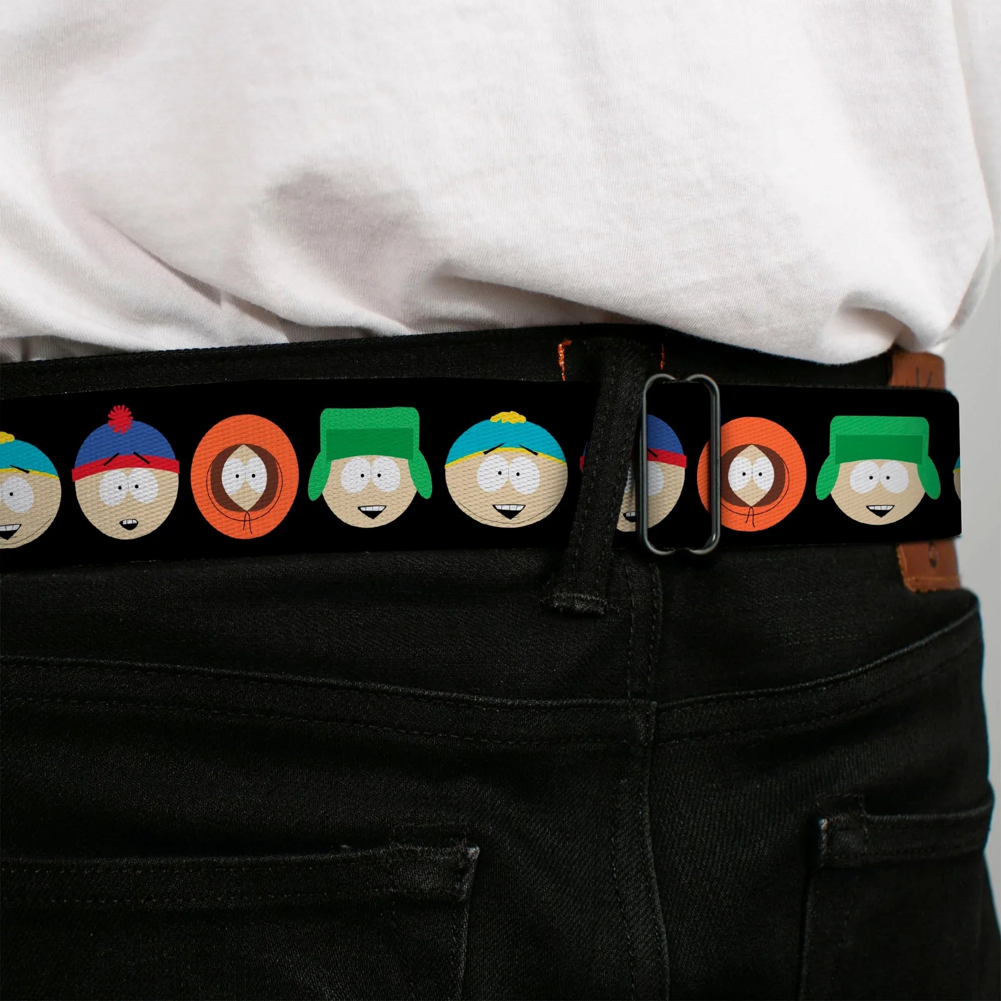 SOUTH PARK Title Logo Full Color Black/White Seatbelt Belt - South Park Boys Face Repeat Black Webbing - Buckle-Down - Flyclothing LLC