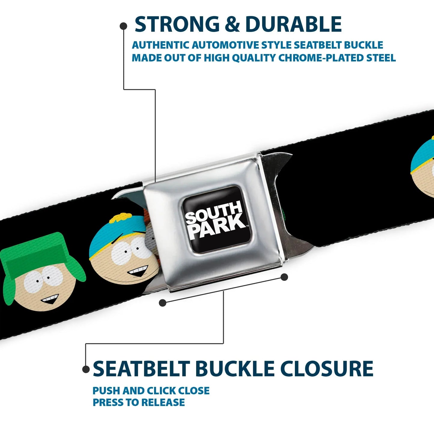 SOUTH PARK Title Logo Full Color Black/White Seatbelt Belt - South Park Boys Face Repeat Black Webbing - Buckle-Down - Flyclothing LLC