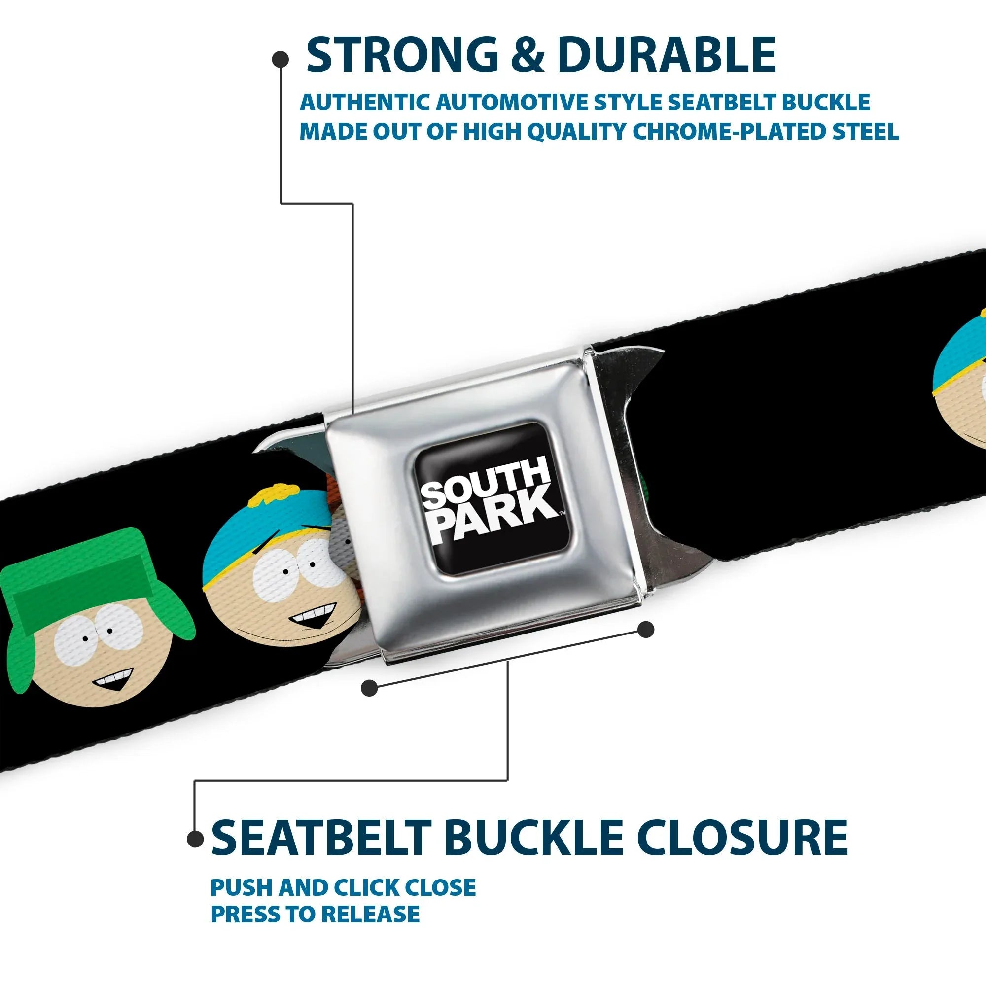 SOUTH PARK Title Logo Full Color Black/White Seatbelt Belt - South Park Boys Face Repeat Black Webbing - Buckle-Down - Flyclothing LLC