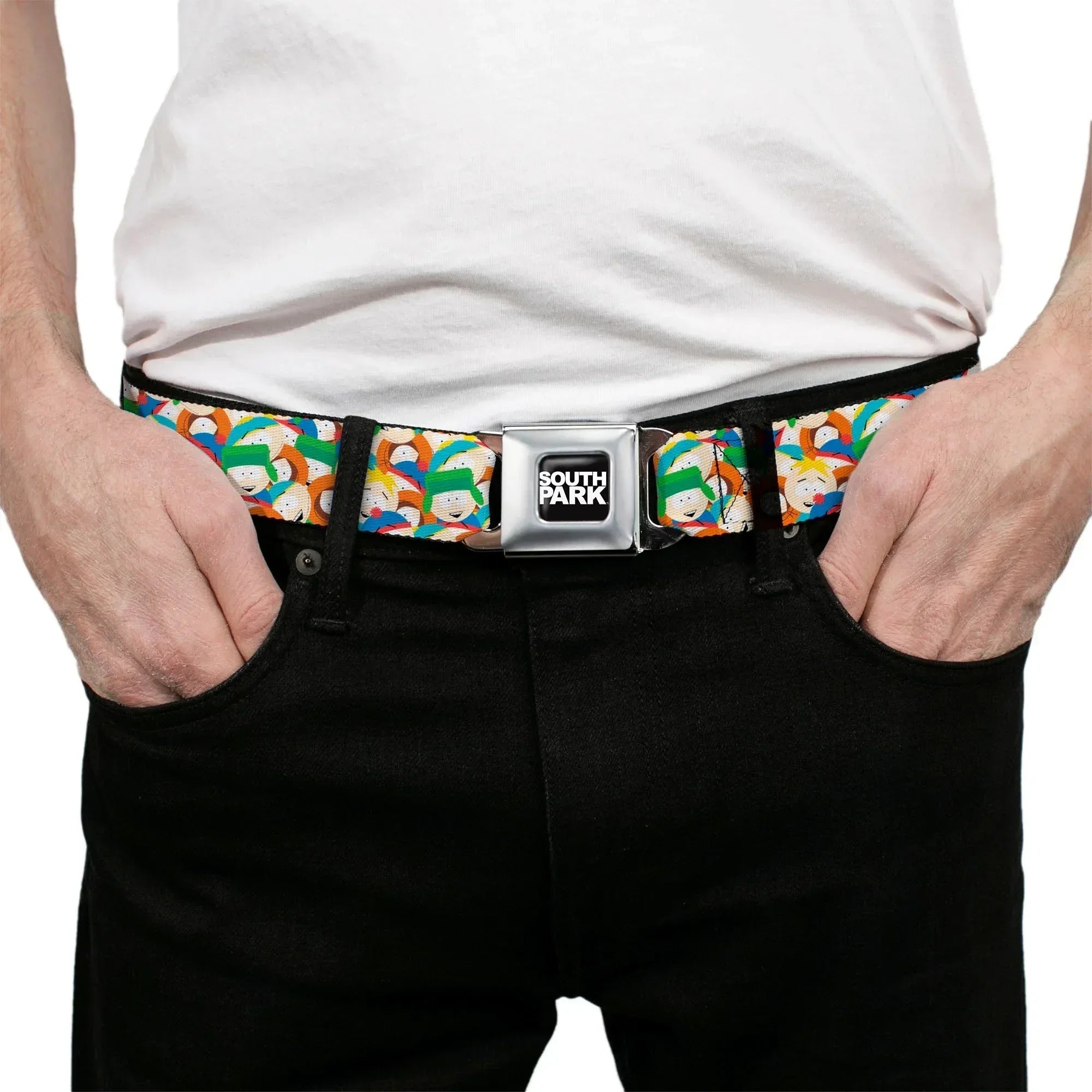 SOUTH PARK Title Logo Full Color Black/White Seatbelt Belt - South Park Boys Expressions Stacked Webbing - Buckle-Down - Flyclothing LLC