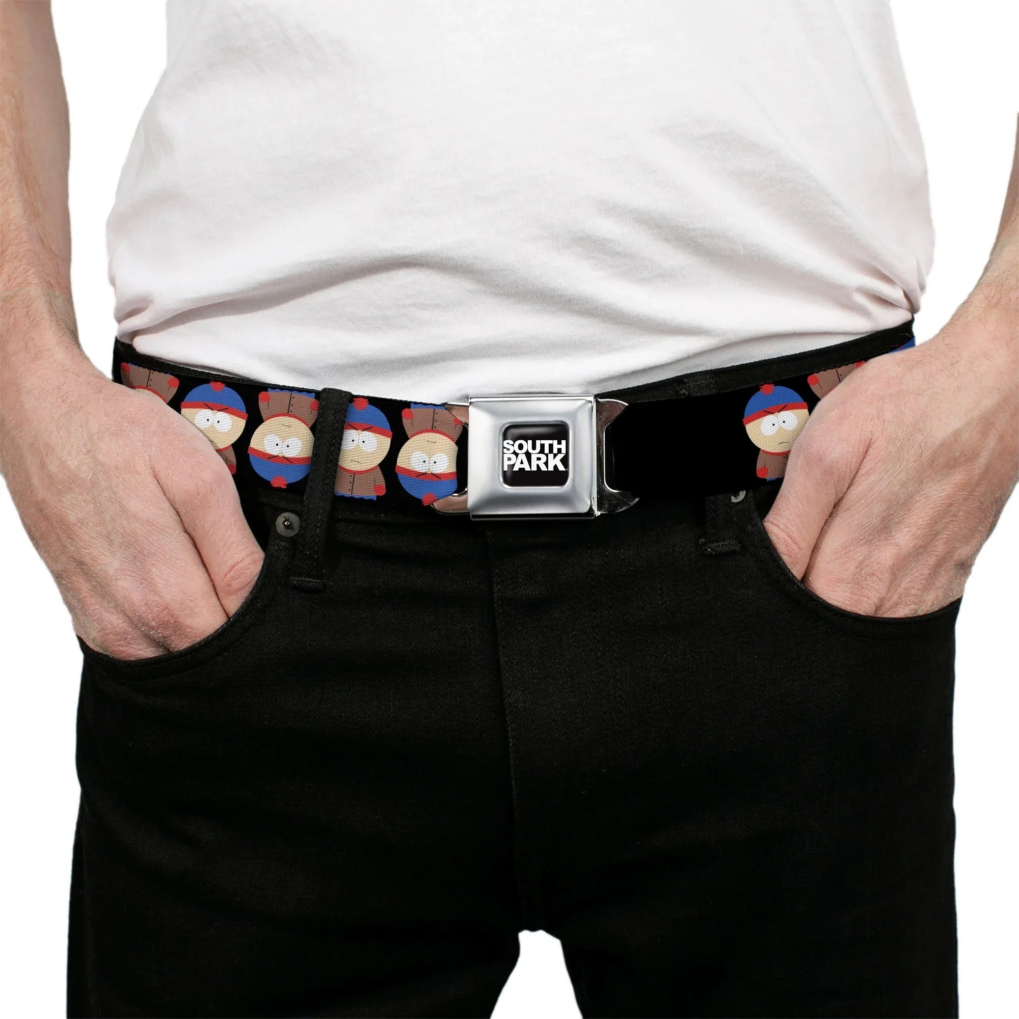 SOUTH PARK Title Logo Full Color Black/White Seatbelt Belt - South Park Stan Flip Poses Black Webbing - Buckle-Down - Flyclothing LLC