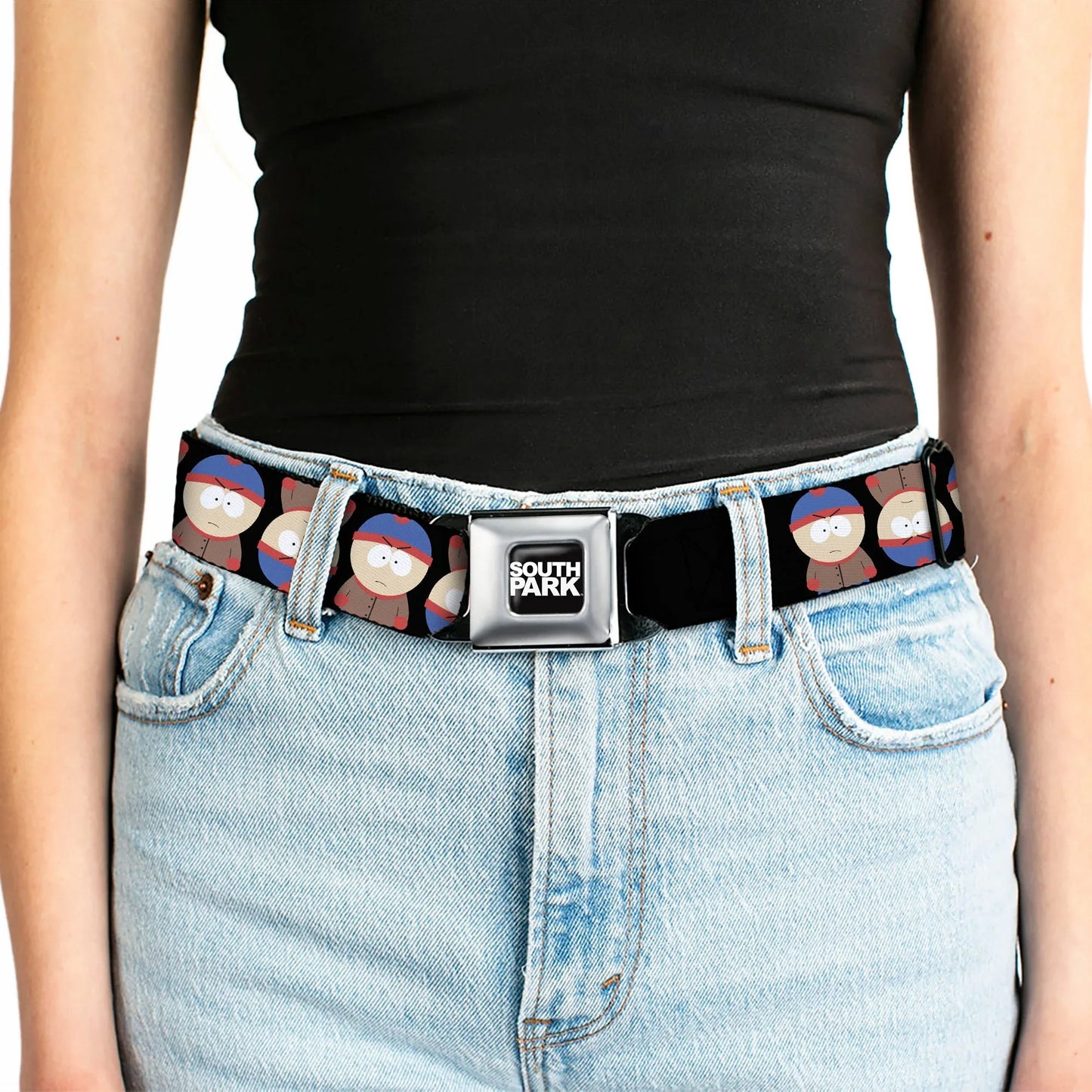 SOUTH PARK Title Logo Full Color Black/White Seatbelt Belt - South Park Stan Flip Poses Black Webbing - Buckle-Down - Flyclothing LLC