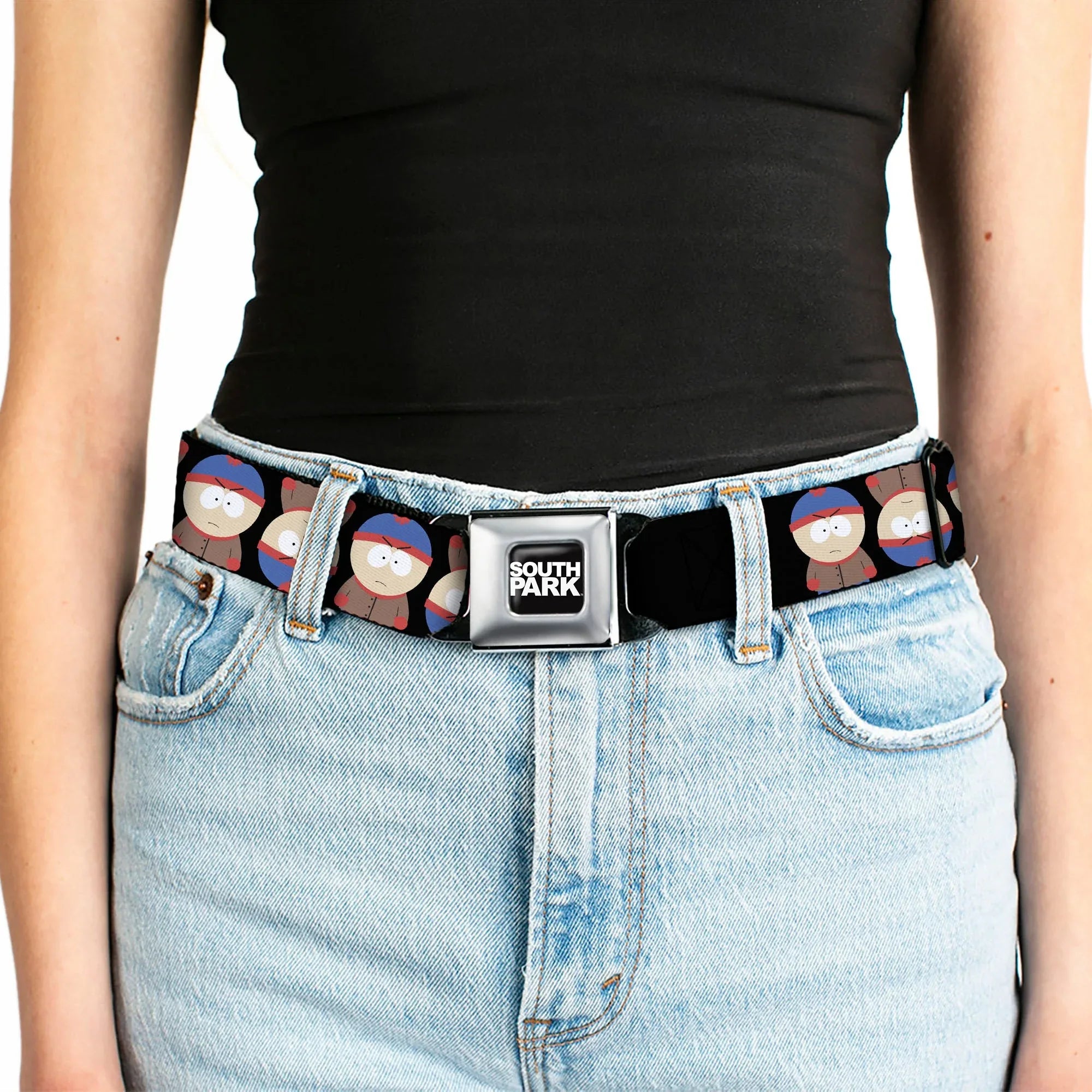 SOUTH PARK Title Logo Full Color Black/White Seatbelt Belt - South Park Stan Flip Poses Black Webbing - Buckle-Down - Flyclothing LLC