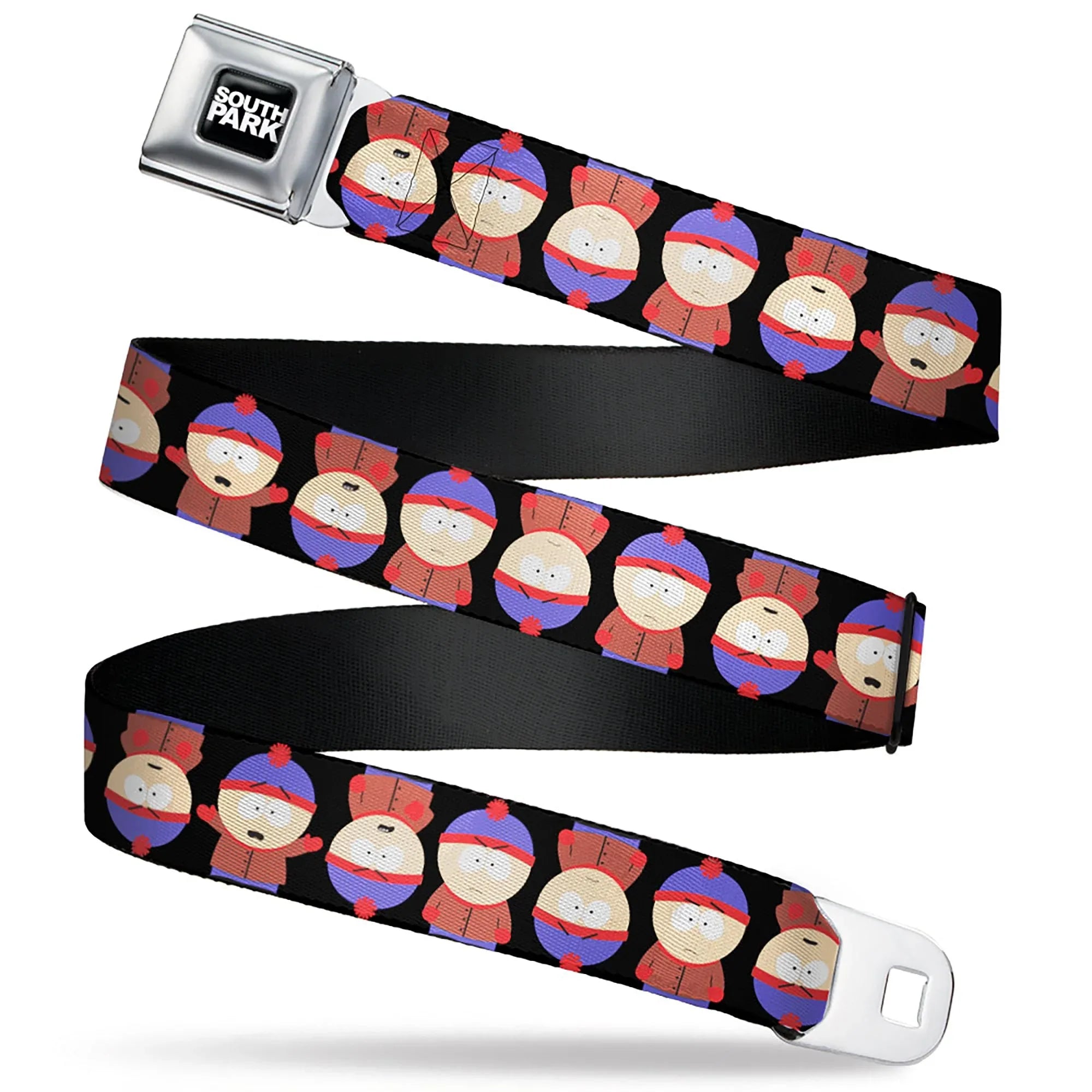 SOUTH PARK Title Logo Full Color Black/White Seatbelt Belt - South Park Stan Flip Poses Black Webbing - Buckle-Down - Flyclothing LLC