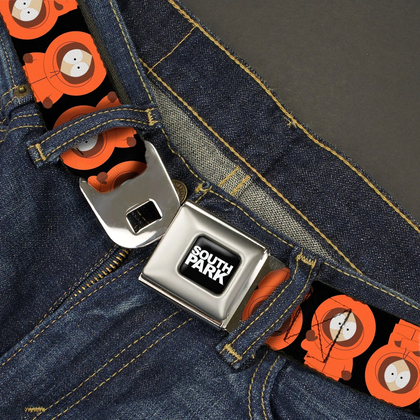 SOUTH PARK Title Logo Full Color Black/White Seatbelt Belt - South Park Kenny Flip Poses Black Webbing - Buckle-Down - Flyclothing LLC
