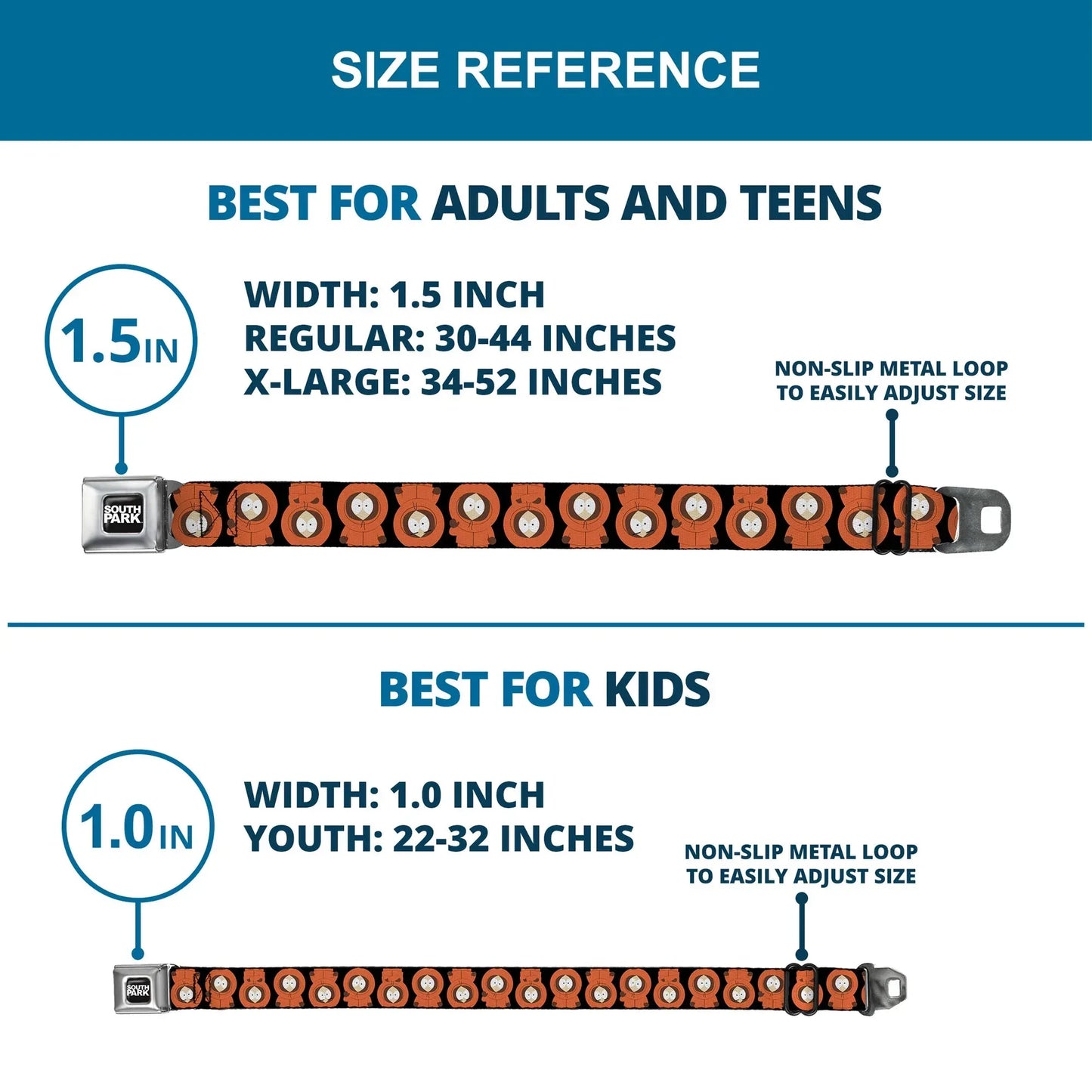 SOUTH PARK Title Logo Full Color Black/White Seatbelt Belt - South Park Kenny Flip Poses Black Webbing - Buckle-Down - Flyclothing LLC