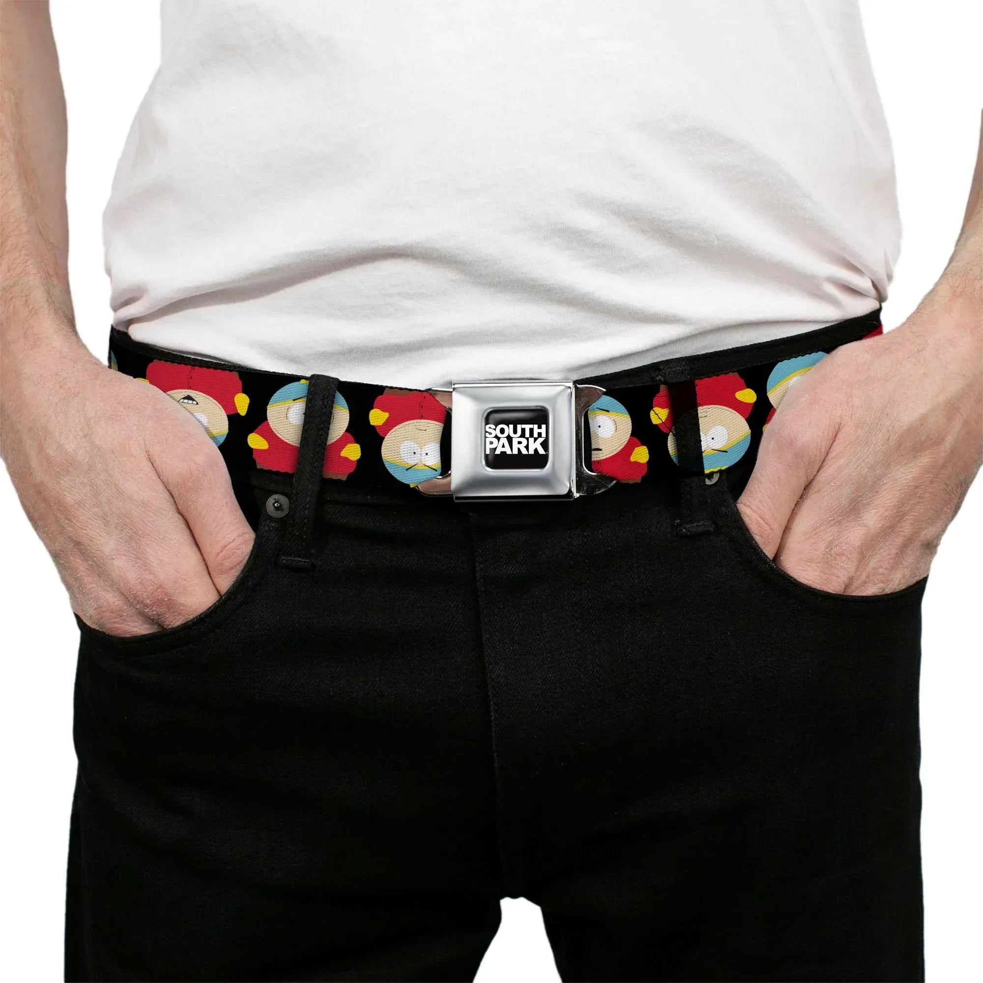 SOUTH PARK Title Logo Full Color Black/White Seatbelt Belt - South Park Cartman Flip Poses Black Webbing - Buckle-Down - Flyclothing LLC