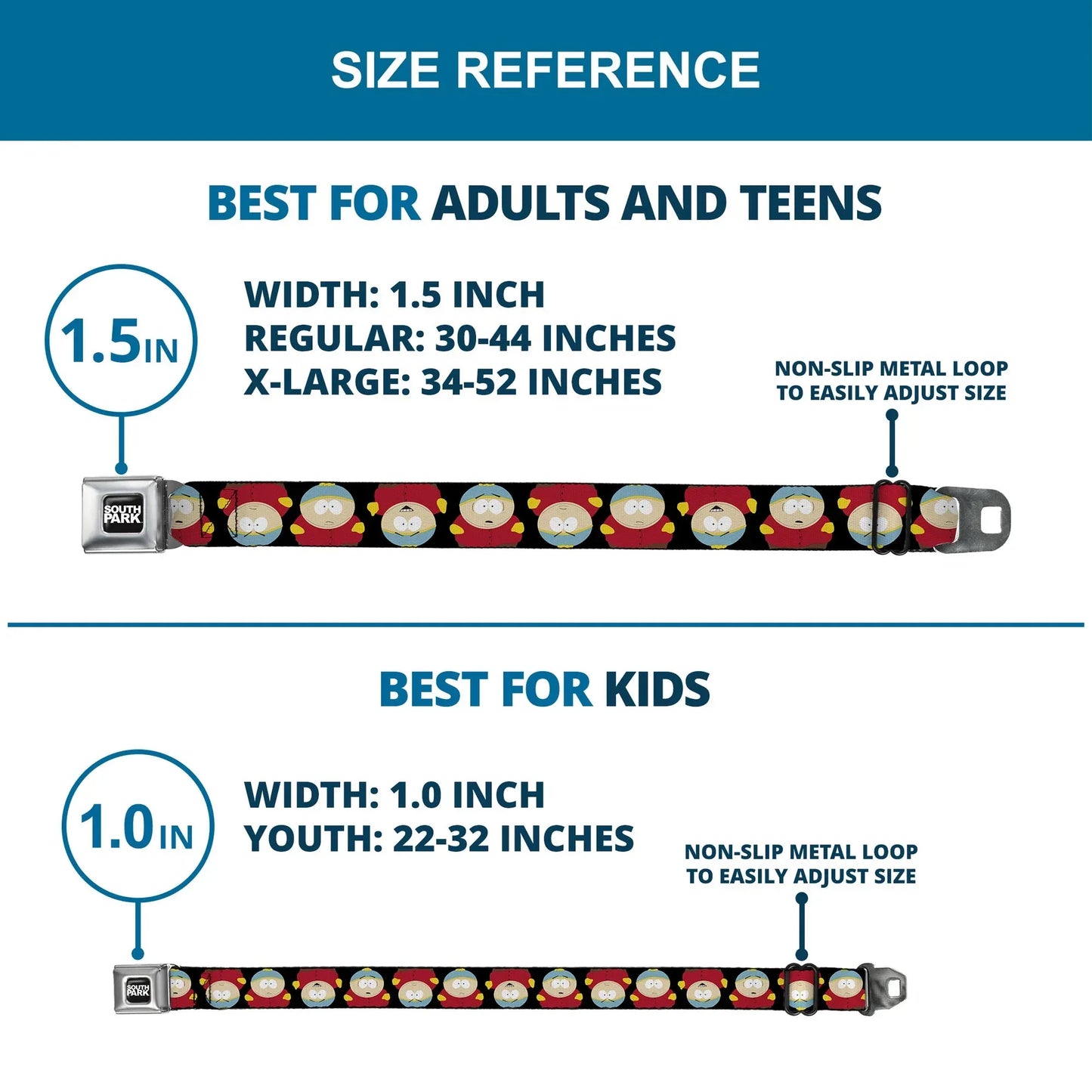SOUTH PARK Title Logo Full Color Black/White Seatbelt Belt - South Park Cartman Flip Poses Black Webbing - Buckle-Down - Flyclothing LLC