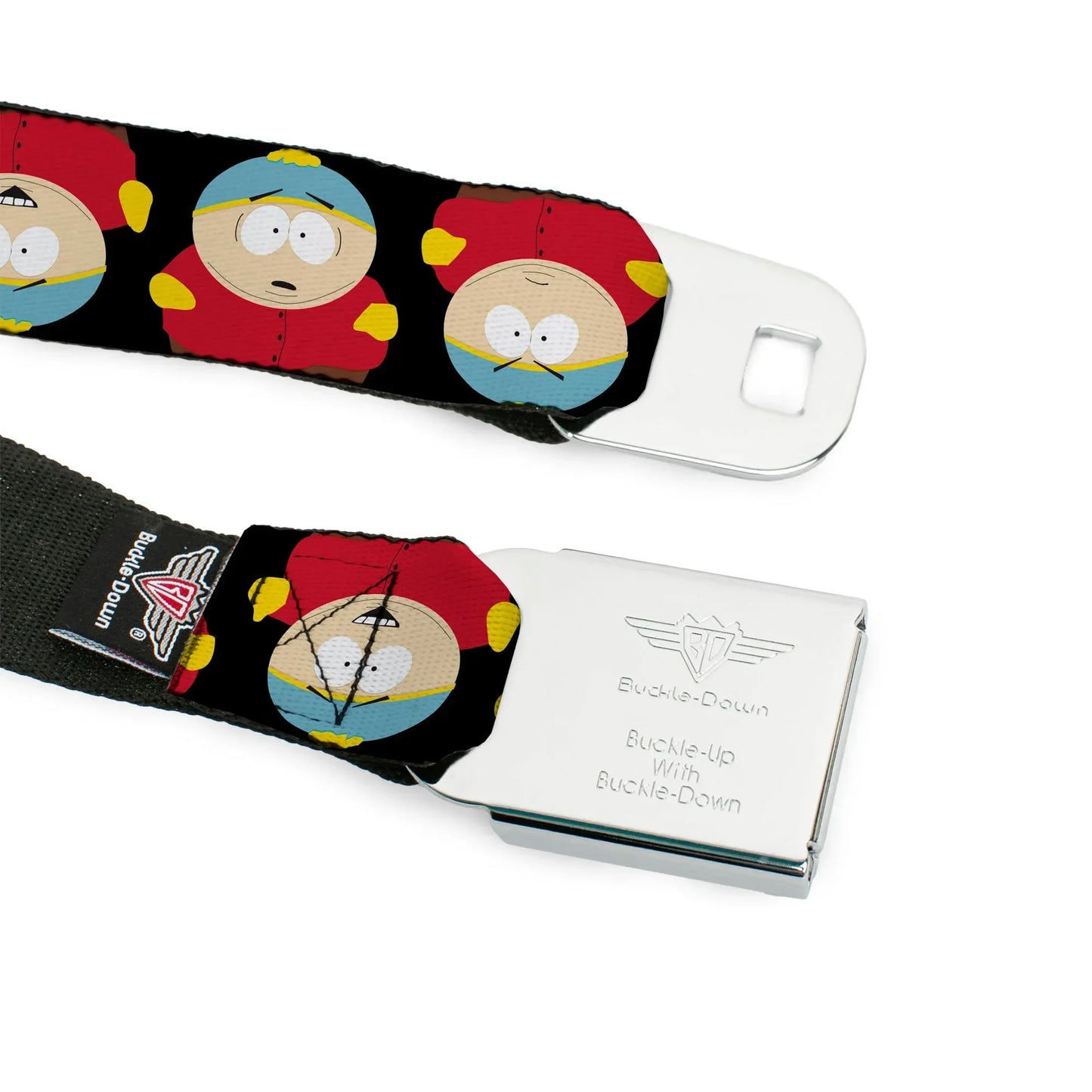 SOUTH PARK Title Logo Full Color Black/White Seatbelt Belt - South Park Cartman Flip Poses Black Webbing - Buckle-Down - Flyclothing LLC
