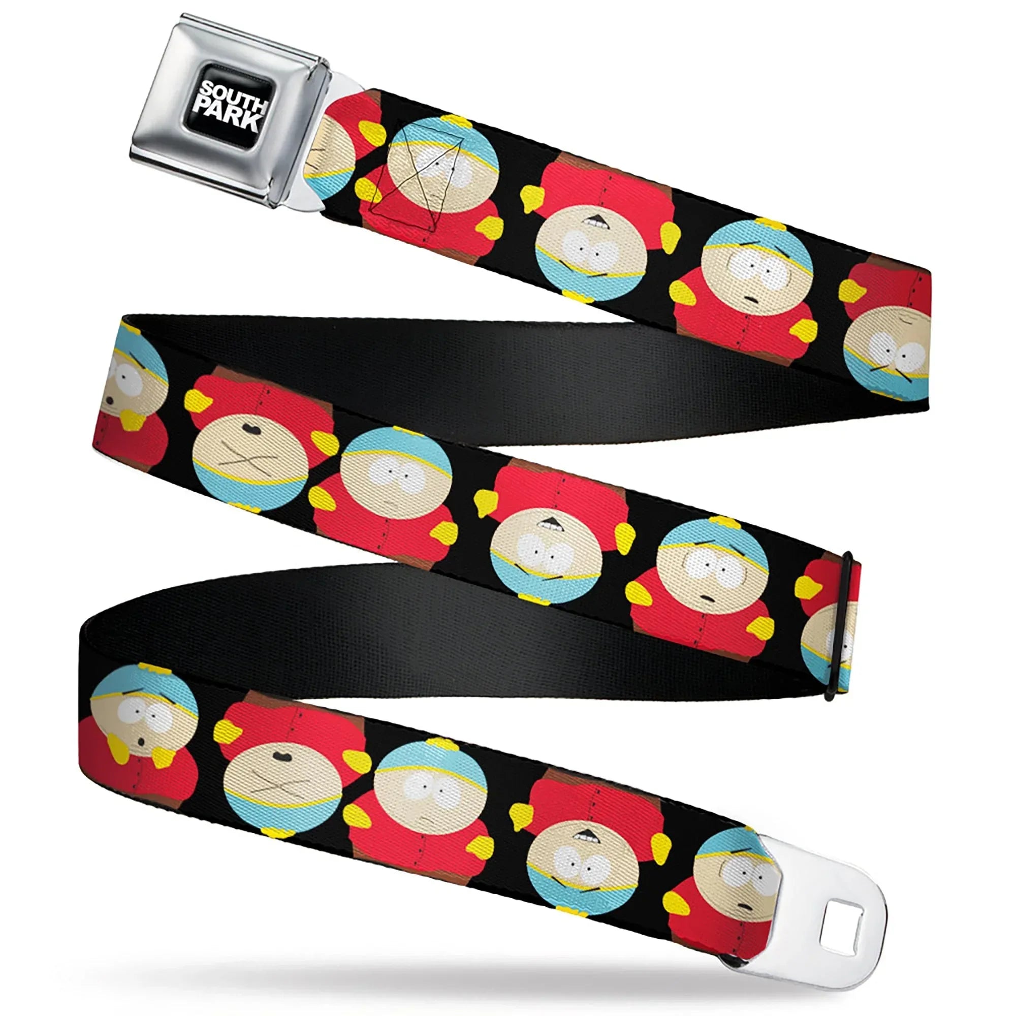SOUTH PARK Title Logo Full Color Black/White Seatbelt Belt - South Park Cartman Flip Poses Black Webbing - Buckle-Down - Flyclothing LLC