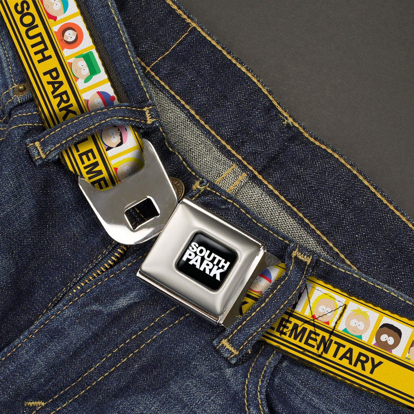 SOUTH PARK Title Logo Full Color Black/White Seatbelt Belt - SOUTH PARK ELEMENTARY School Bus Characters Pose Yellow Webbing