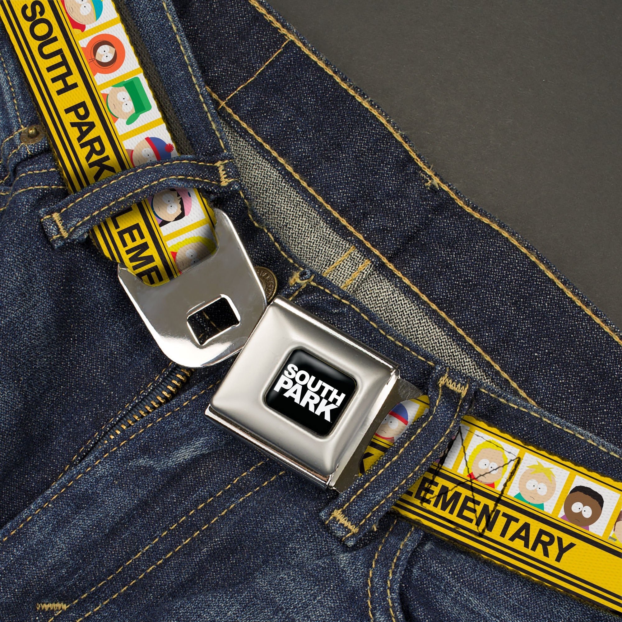SOUTH PARK Title Logo Full Color Black/White Seatbelt Belt - SOUTH PARK ELEMENTARY School Bus Characters Pose Yellow Webbing
