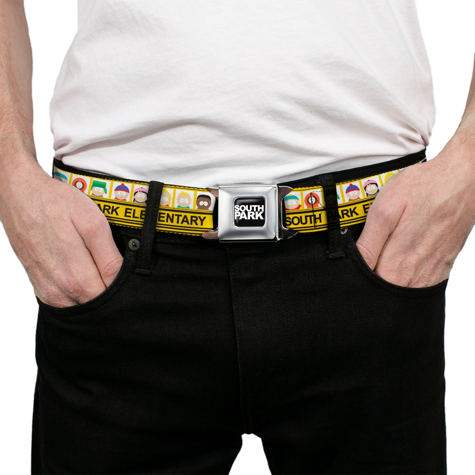 SOUTH PARK Title Logo Full Color Black/White Seatbelt Belt - SOUTH PARK ELEMENTARY School Bus Characters Pose Yellow Webbing