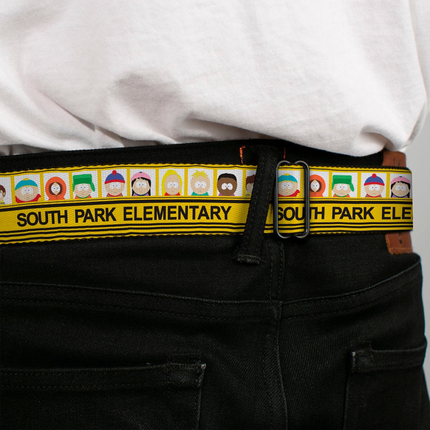 SOUTH PARK Title Logo Full Color Black/White Seatbelt Belt - SOUTH PARK ELEMENTARY School Bus Characters Pose Yellow Webbing