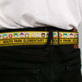 SOUTH PARK Title Logo Full Color Black/White Seatbelt Belt - SOUTH PARK ELEMENTARY School Bus Characters Pose Yellow Webbing