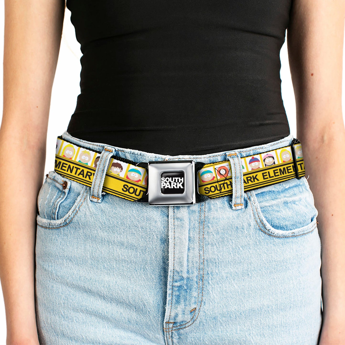 SOUTH PARK Title Logo Full Color Black/White Seatbelt Belt - SOUTH PARK ELEMENTARY School Bus Characters Pose Yellow Webbing