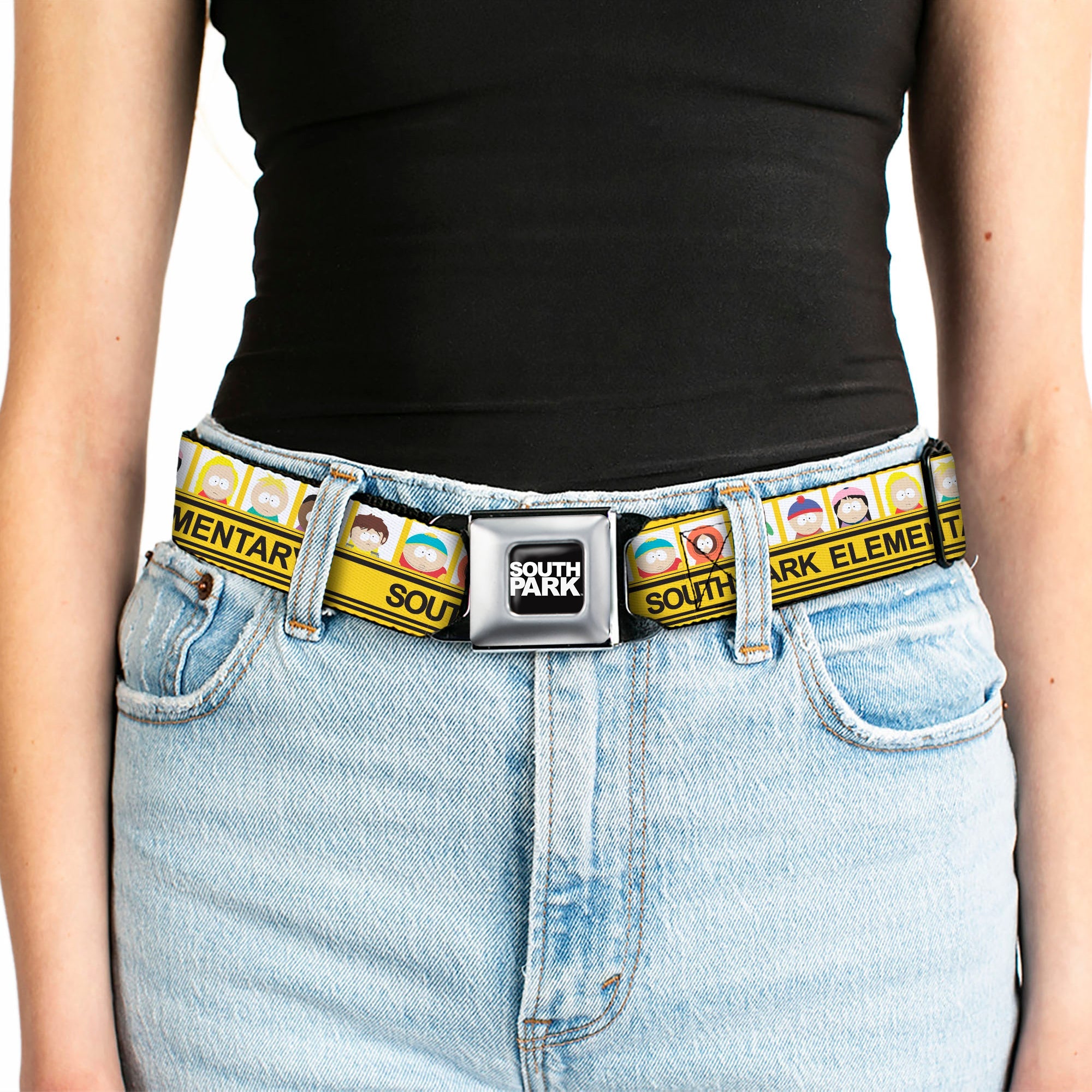 SOUTH PARK Title Logo Full Color Black/White Seatbelt Belt - SOUTH PARK ELEMENTARY School Bus Characters Pose Yellow Webbing