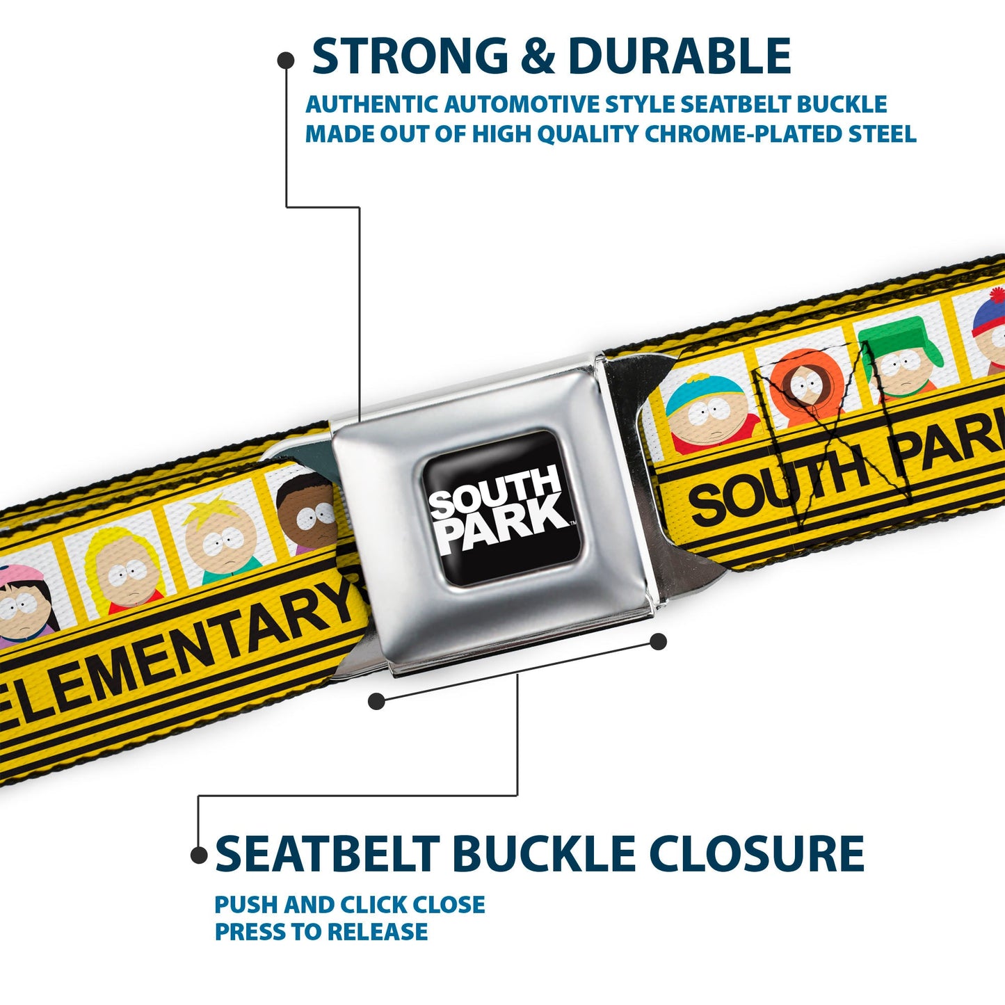 SOUTH PARK Title Logo Full Color Black/White Seatbelt Belt - SOUTH PARK ELEMENTARY School Bus Characters Pose Yellow Webbing