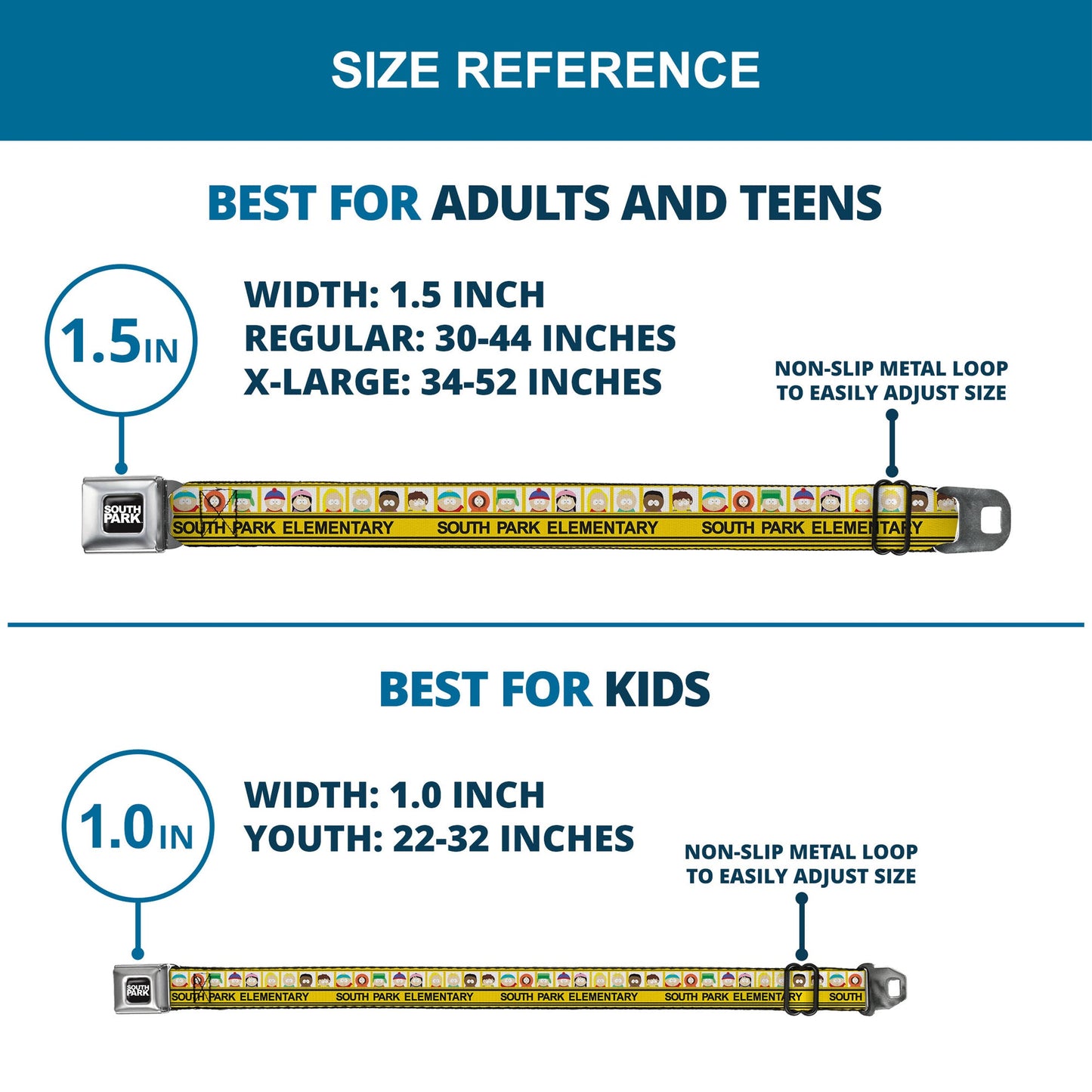 SOUTH PARK Title Logo Full Color Black/White Seatbelt Belt - SOUTH PARK ELEMENTARY School Bus Characters Pose Yellow Webbing