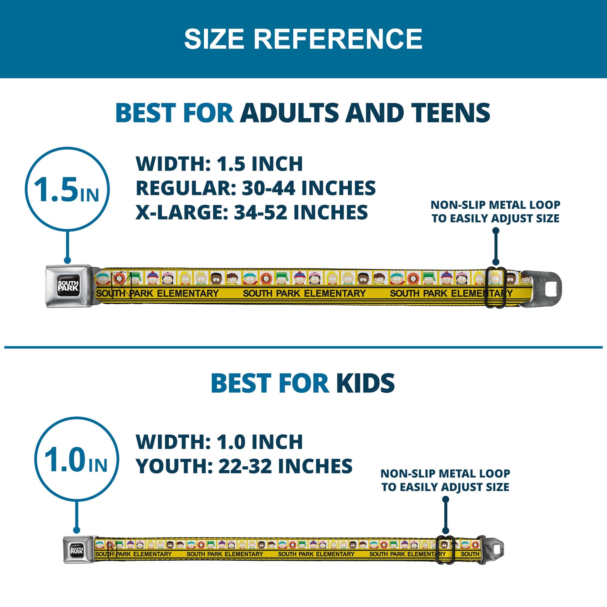 SOUTH PARK Title Logo Full Color Black/White Seatbelt Belt - SOUTH PARK ELEMENTARY School Bus Characters Pose Yellow Webbing