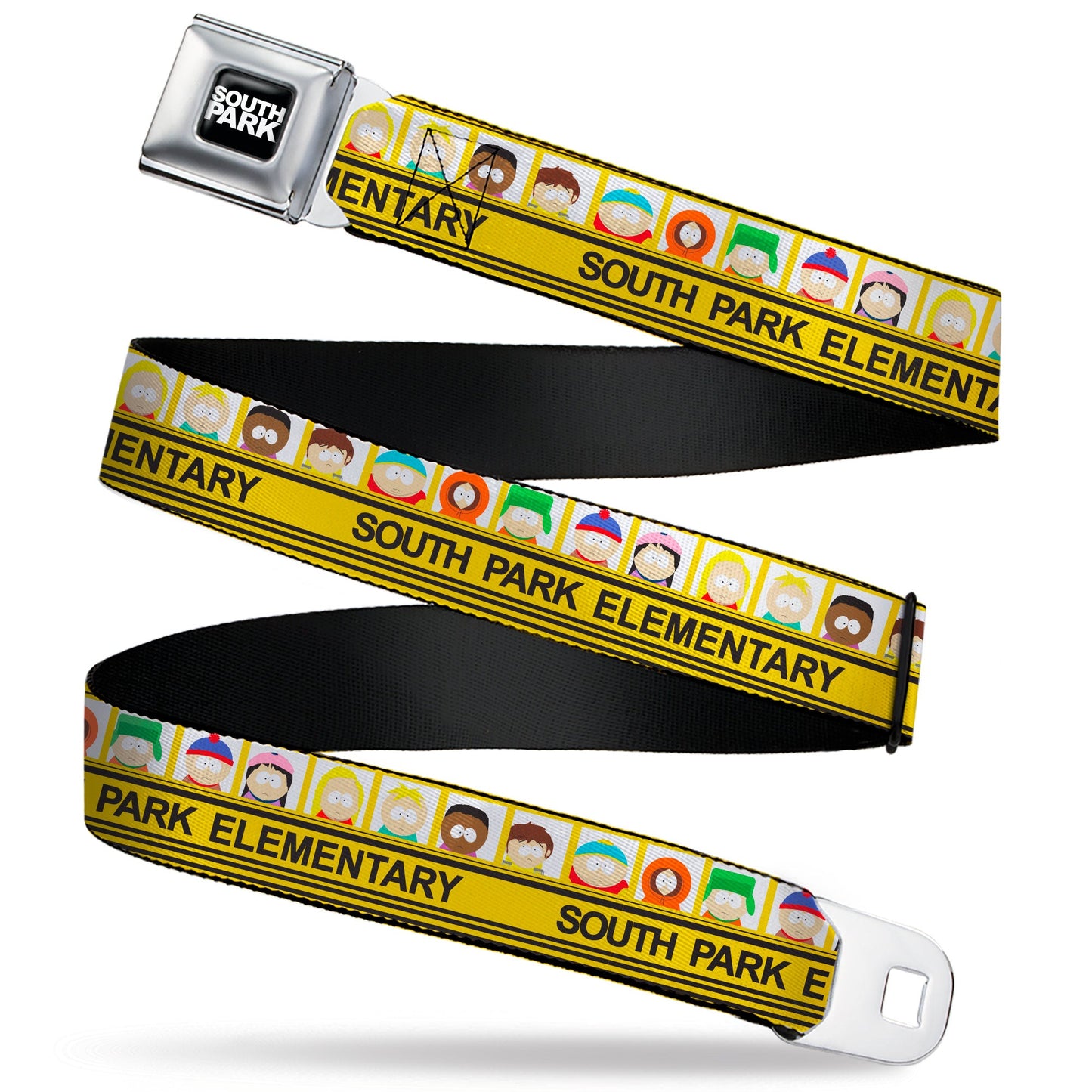 SOUTH PARK Title Logo Full Color Black/White Seatbelt Belt - SOUTH PARK ELEMENTARY School Bus Characters Pose Yellow Webbing