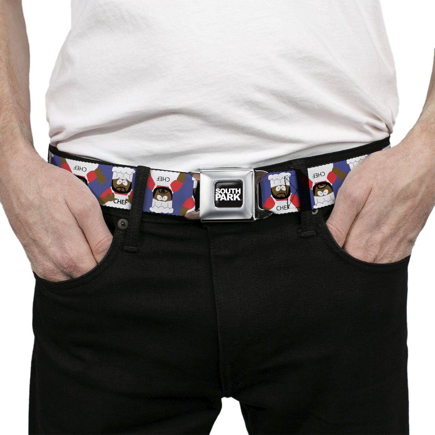 SOUTH PARK Title Logo Full Color Black/White Seatbelt Belt - South Park Chef Pose Flips Blue Webbing