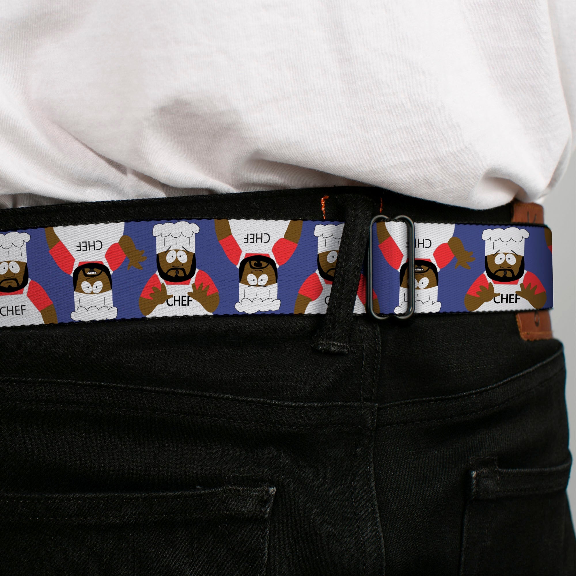 SOUTH PARK Title Logo Full Color Black/White Seatbelt Belt - South Park Chef Pose Flips Blue Webbing