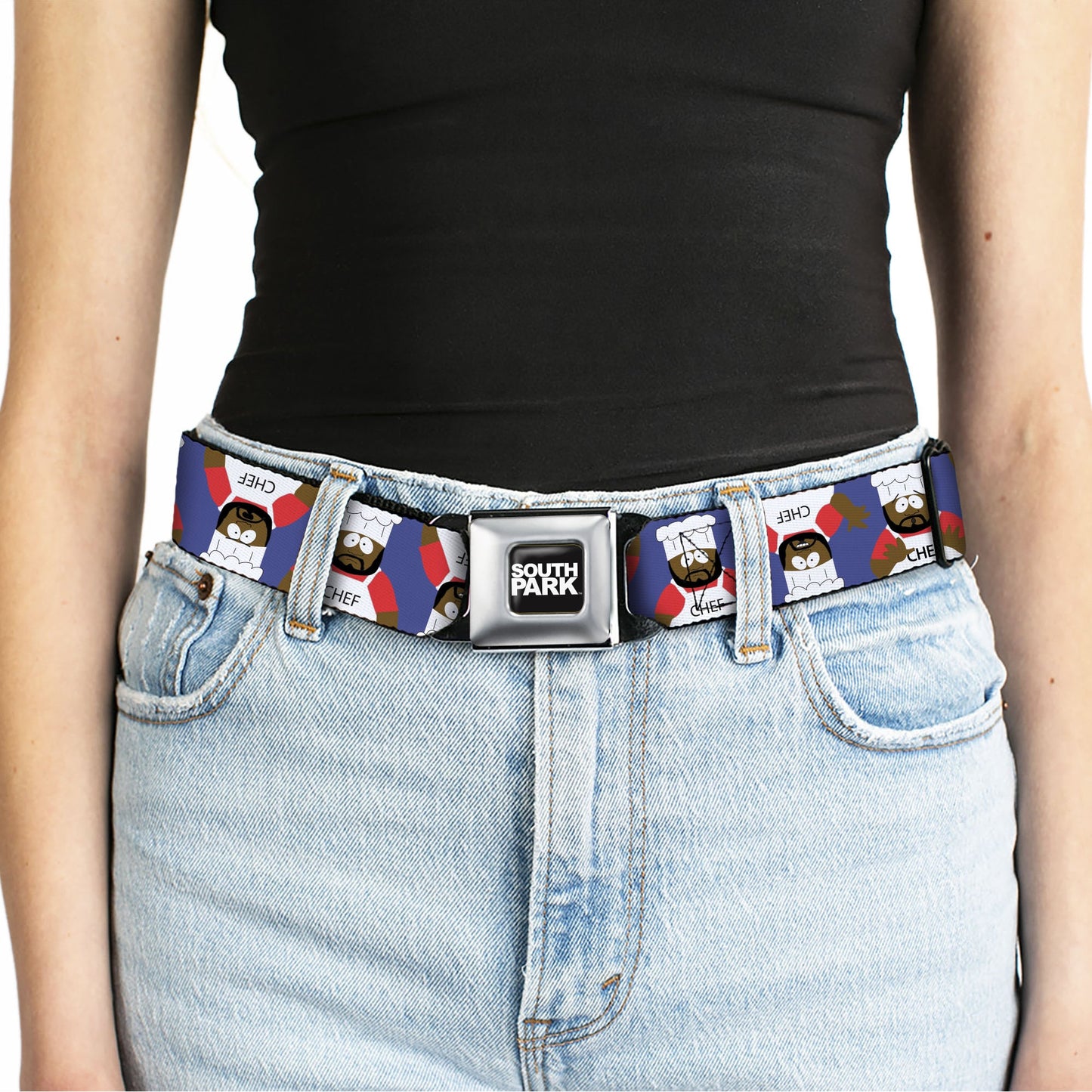 SOUTH PARK Title Logo Full Color Black/White Seatbelt Belt - South Park Chef Pose Flips Blue Webbing