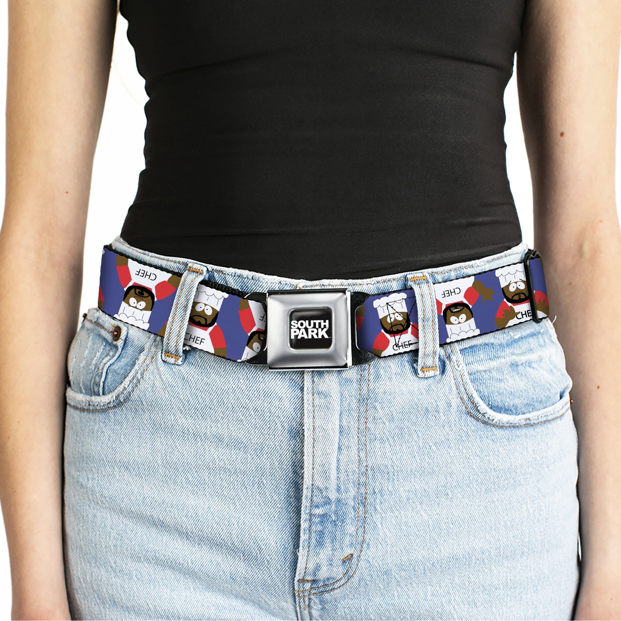 SOUTH PARK Title Logo Full Color Black/White Seatbelt Belt - South Park Chef Pose Flips Blue Webbing