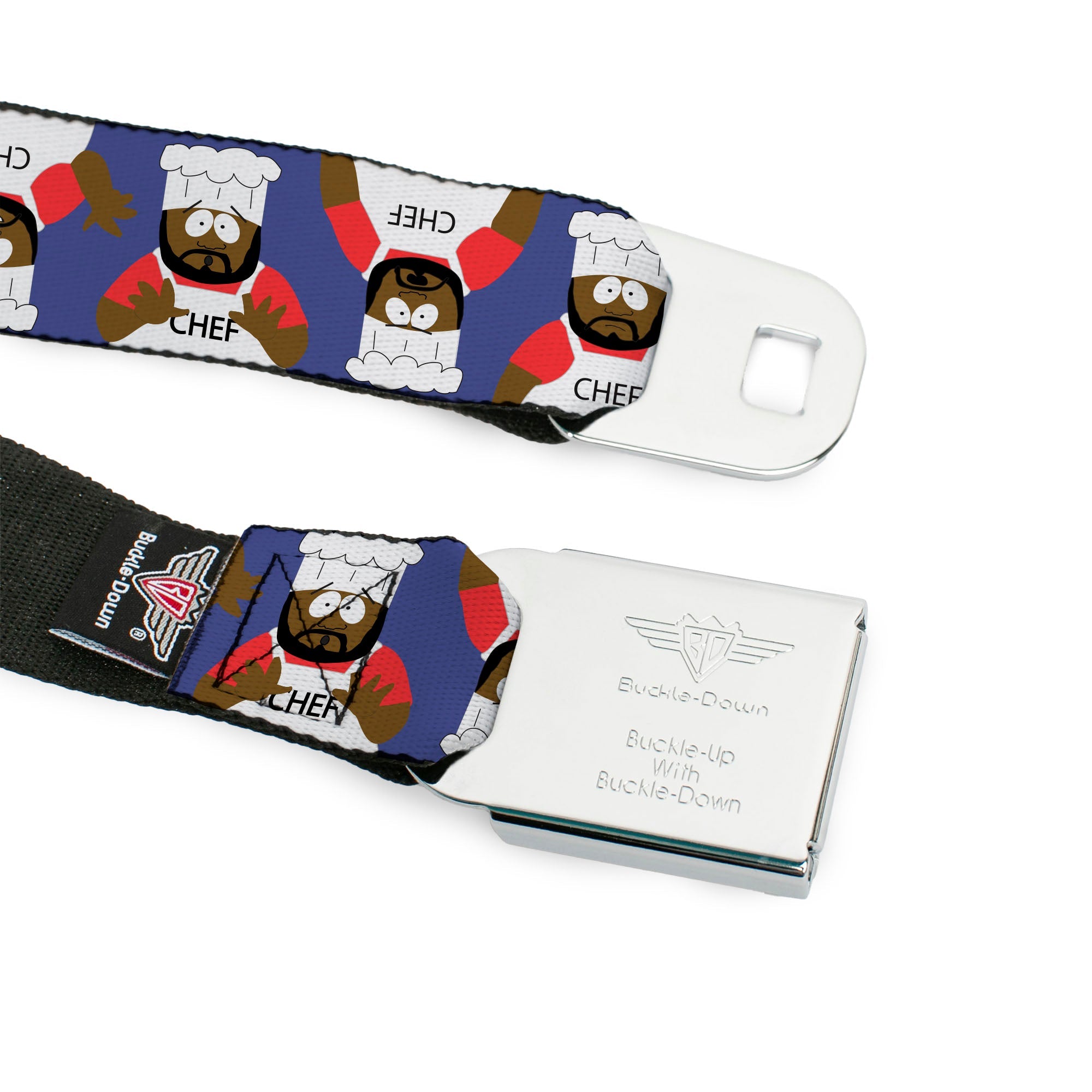 SOUTH PARK Title Logo Full Color Black/White Seatbelt Belt - South Park Chef Pose Flips Blue Webbing