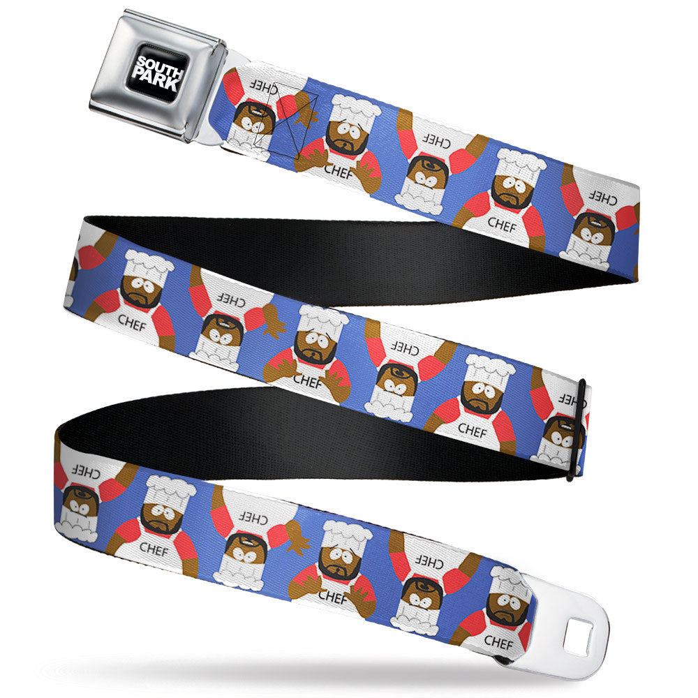 SOUTH PARK Title Logo Full Color Black/White Seatbelt Belt - South Park Chef Pose Flips Blue Webbing