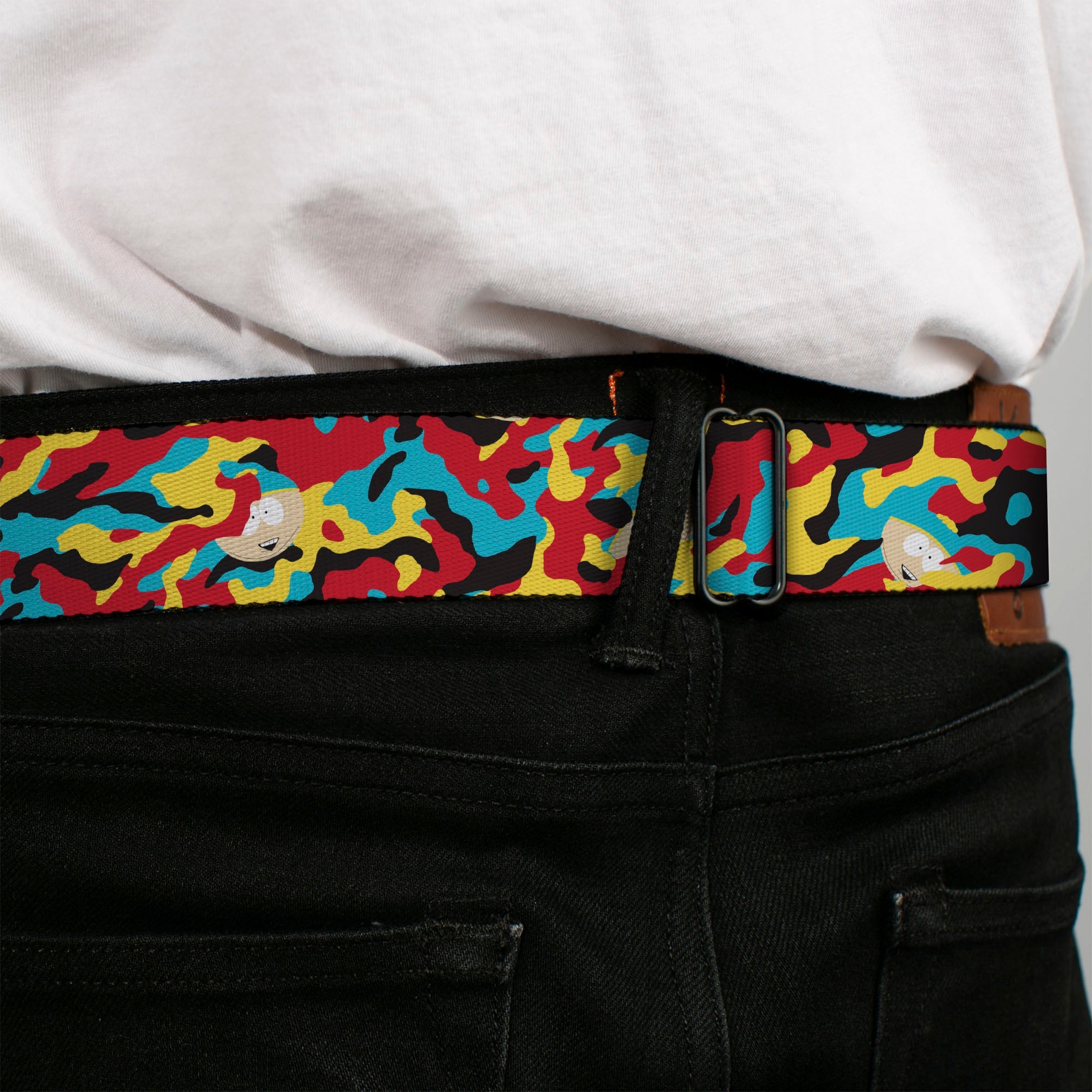 SOUTH PARK Title Logo Full Color Black/White Seatbelt Belt - South Park Cartman Camo Black/Red/Yellow/Blue Webbing