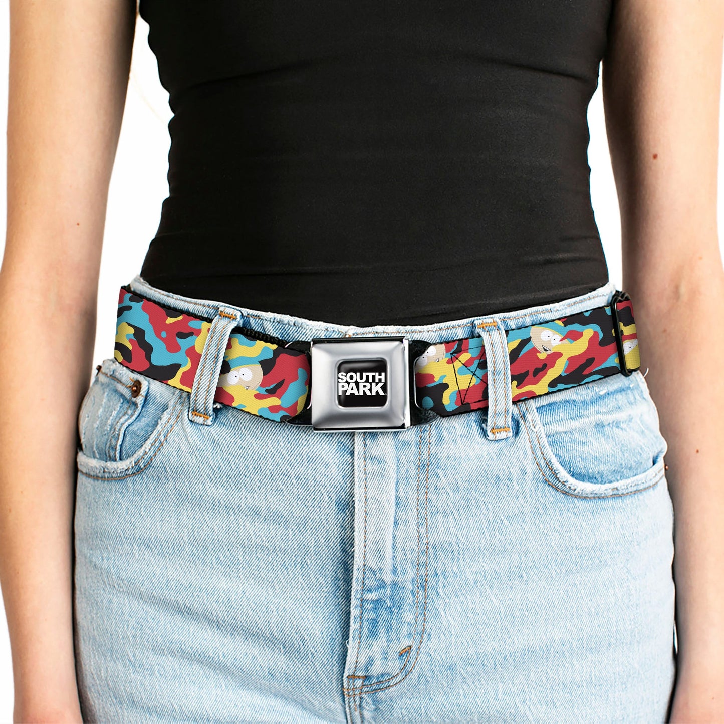 SOUTH PARK Title Logo Full Color Black/White Seatbelt Belt - South Park Cartman Camo Black/Red/Yellow/Blue Webbing