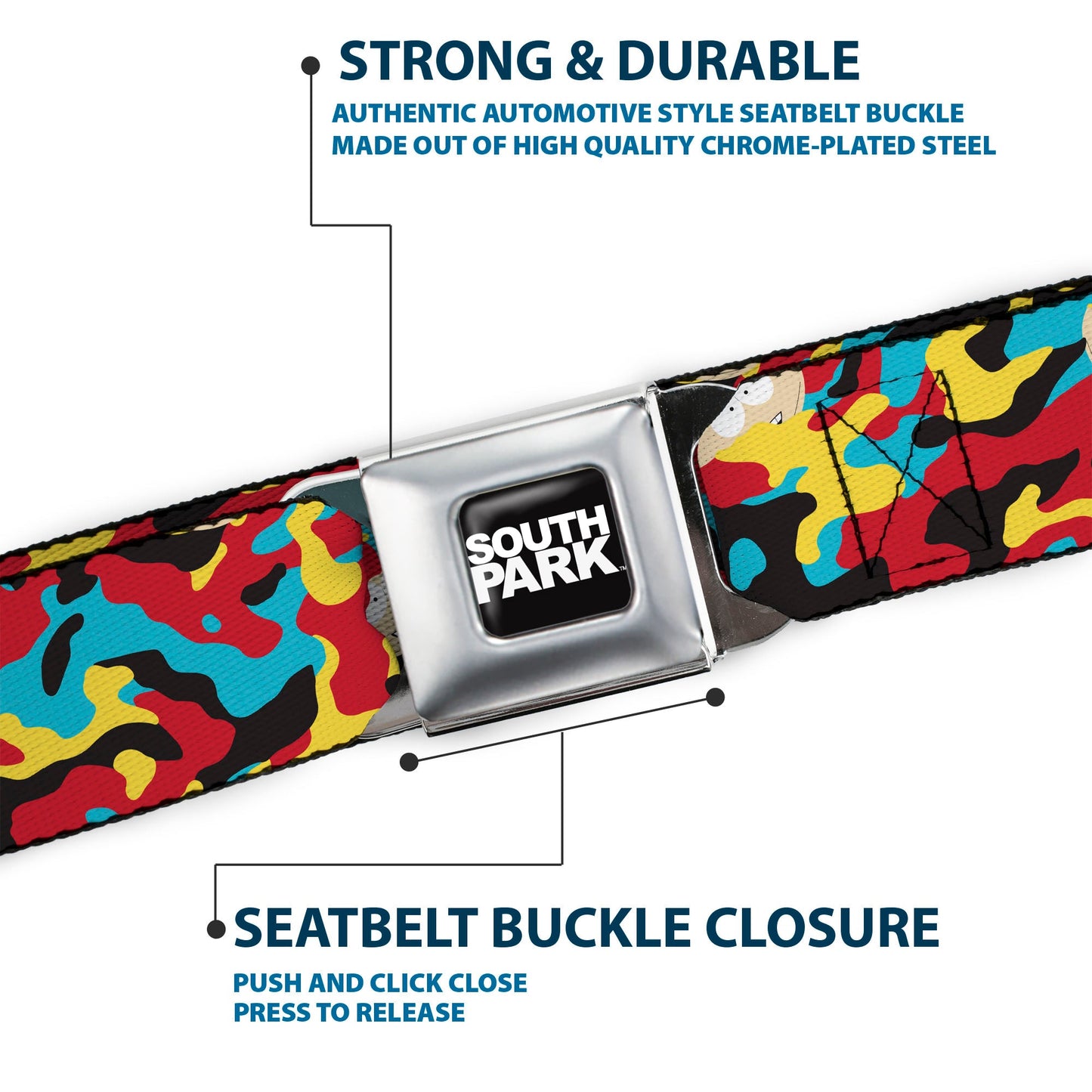 SOUTH PARK Title Logo Full Color Black/White Seatbelt Belt - South Park Cartman Camo Black/Red/Yellow/Blue Webbing