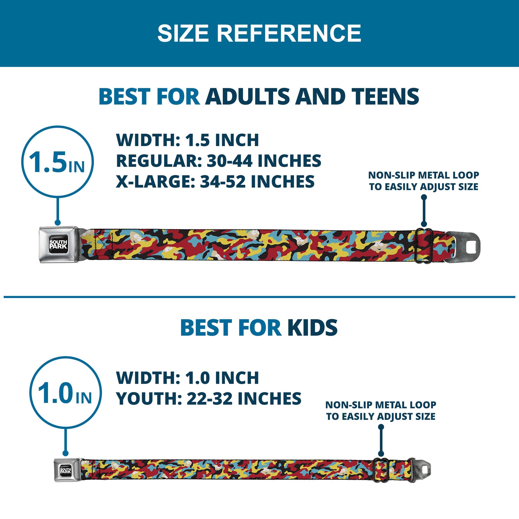 SOUTH PARK Title Logo Full Color Black/White Seatbelt Belt - South Park Cartman Camo Black/Red/Yellow/Blue Webbing