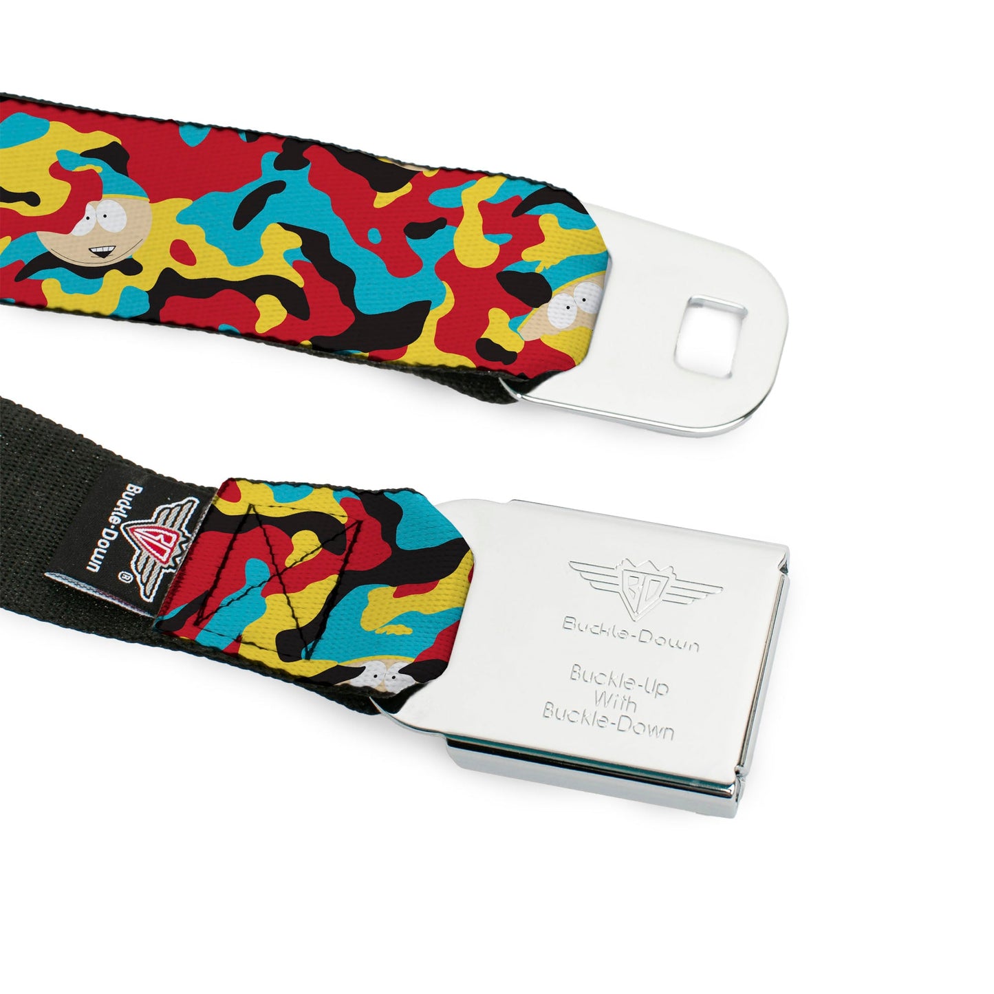 SOUTH PARK Title Logo Full Color Black/White Seatbelt Belt - South Park Cartman Camo Black/Red/Yellow/Blue Webbing